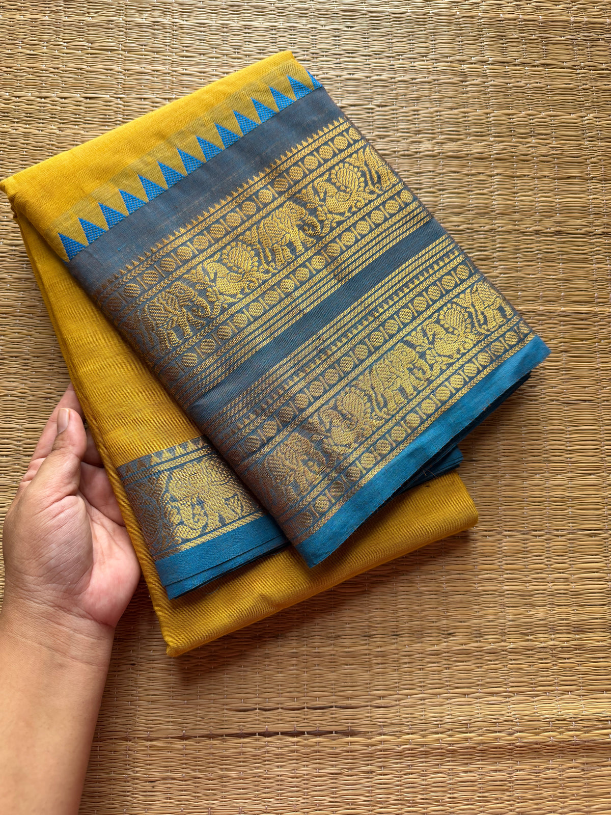 RF344 Yellow with sky blue combination Rettapet border Kanchi cotton saree