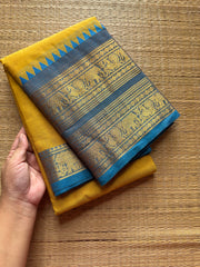 RF344 Yellow with sky blue combination Rettapet border Kanchi cotton saree