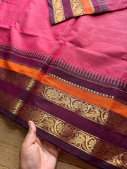 RF628 Pink shade Kanchi cotton saree with unique flower and peacock pattern border
