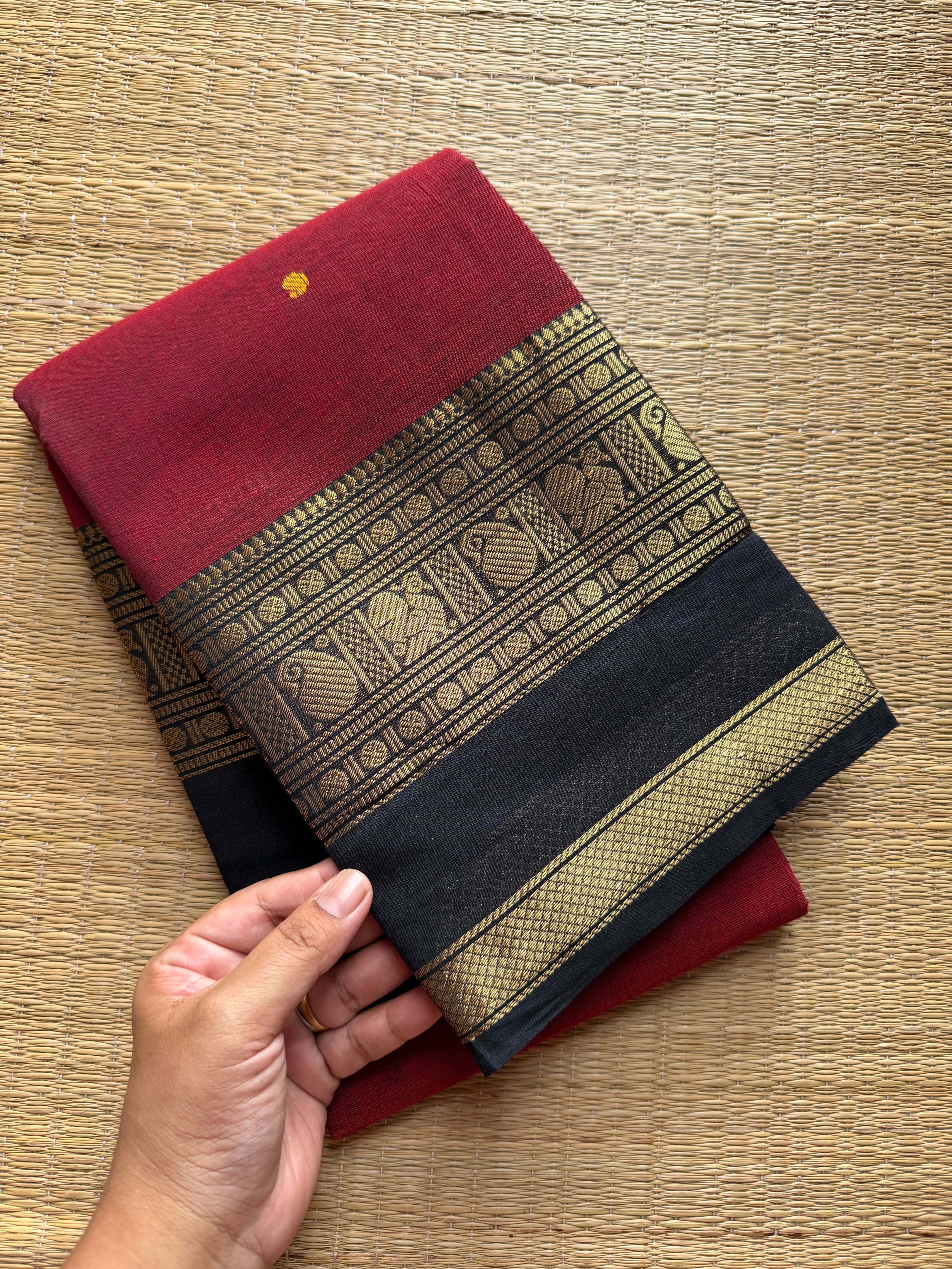 RF193 Reddish Maroon Kanchi Cotton Saree With contrast black border