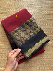 RF193 Reddish Maroon Kanchi Cotton Saree With contrast black border