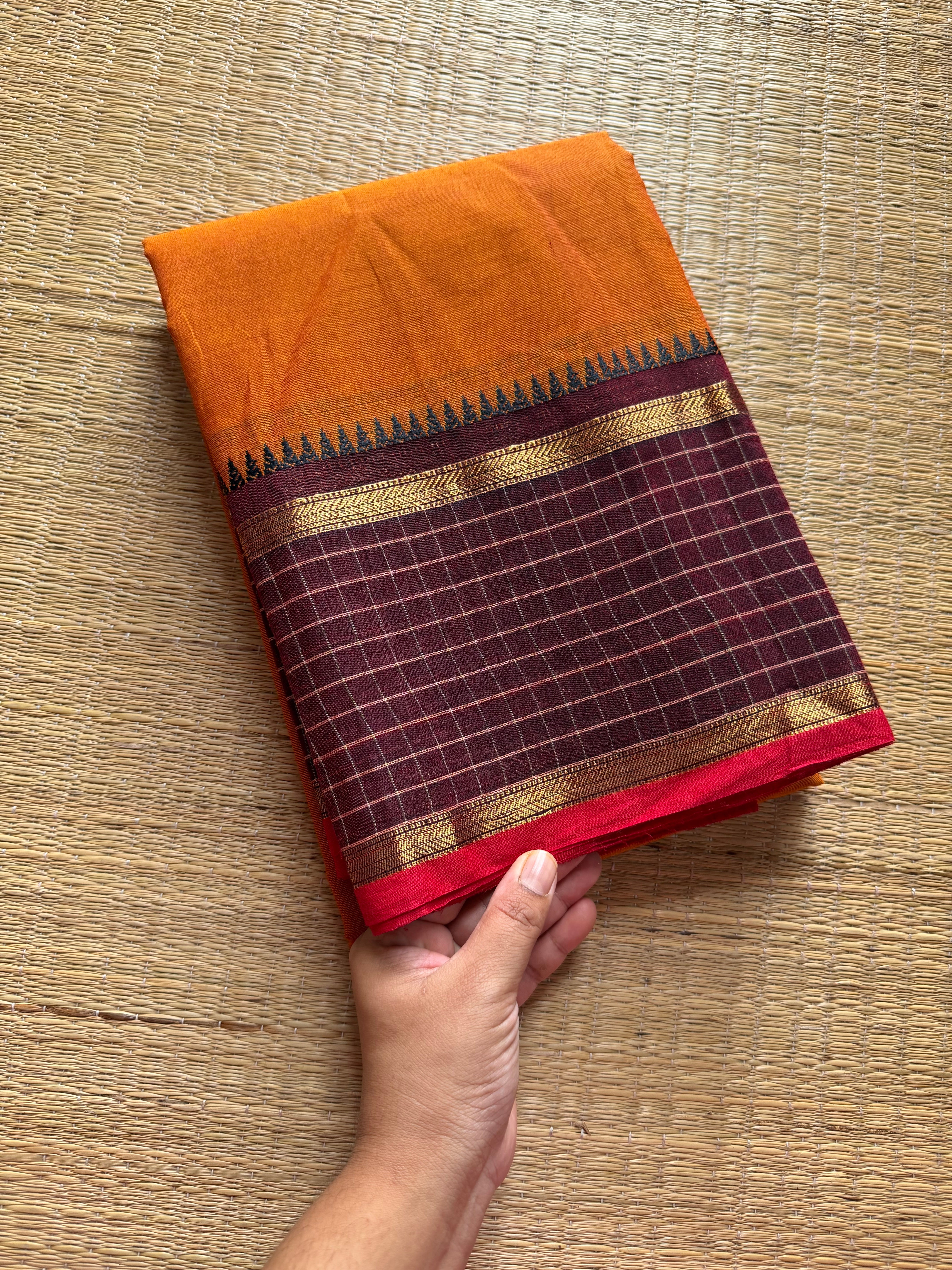 RF373 Orange with brown combination vintage border Kattam / checks pattern Kanchi cotton saree