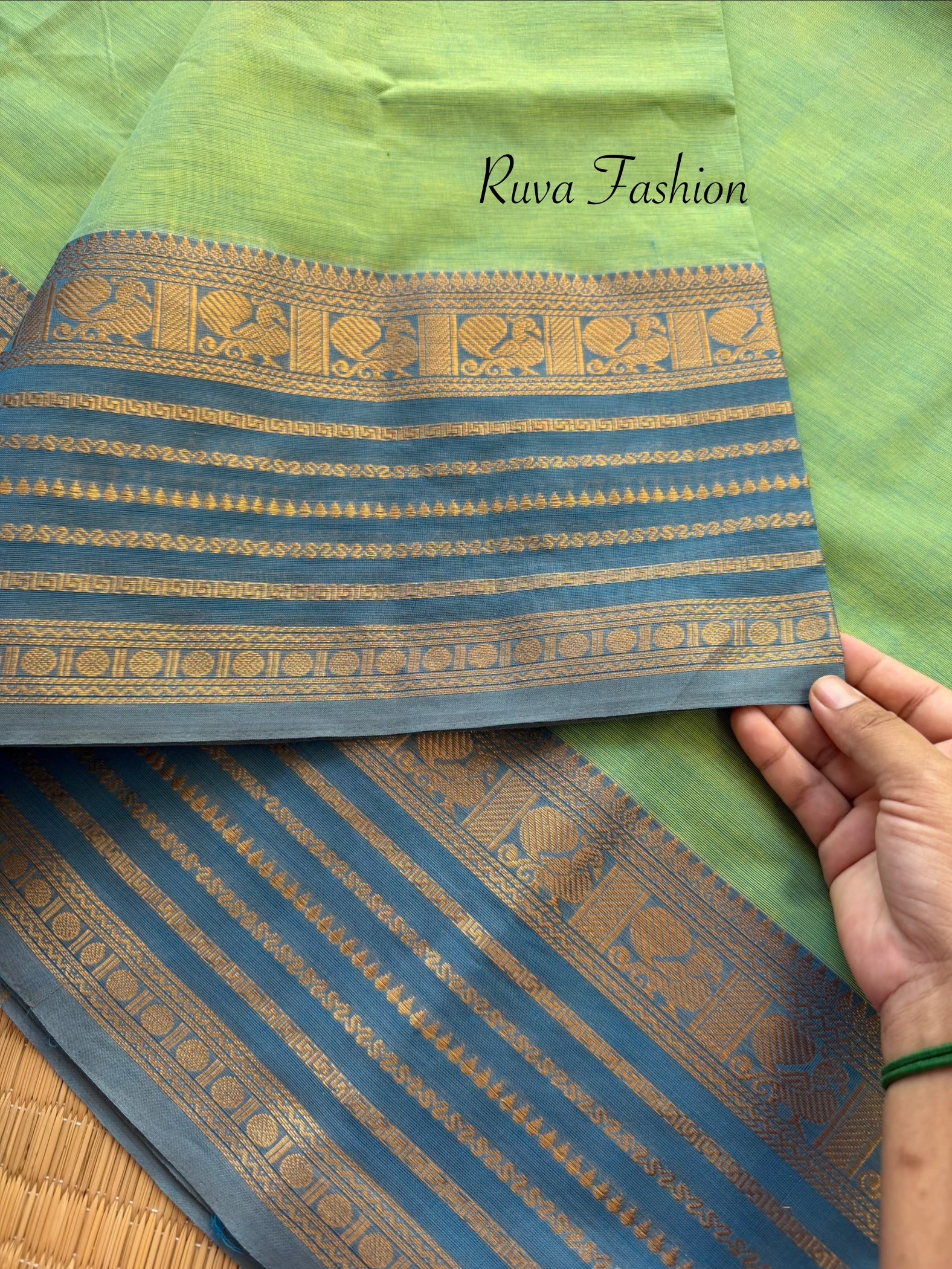 RF165 Pista Green shade with slate blue shade combination Kanchi cotton saree with silk saree inspired varisaipet border