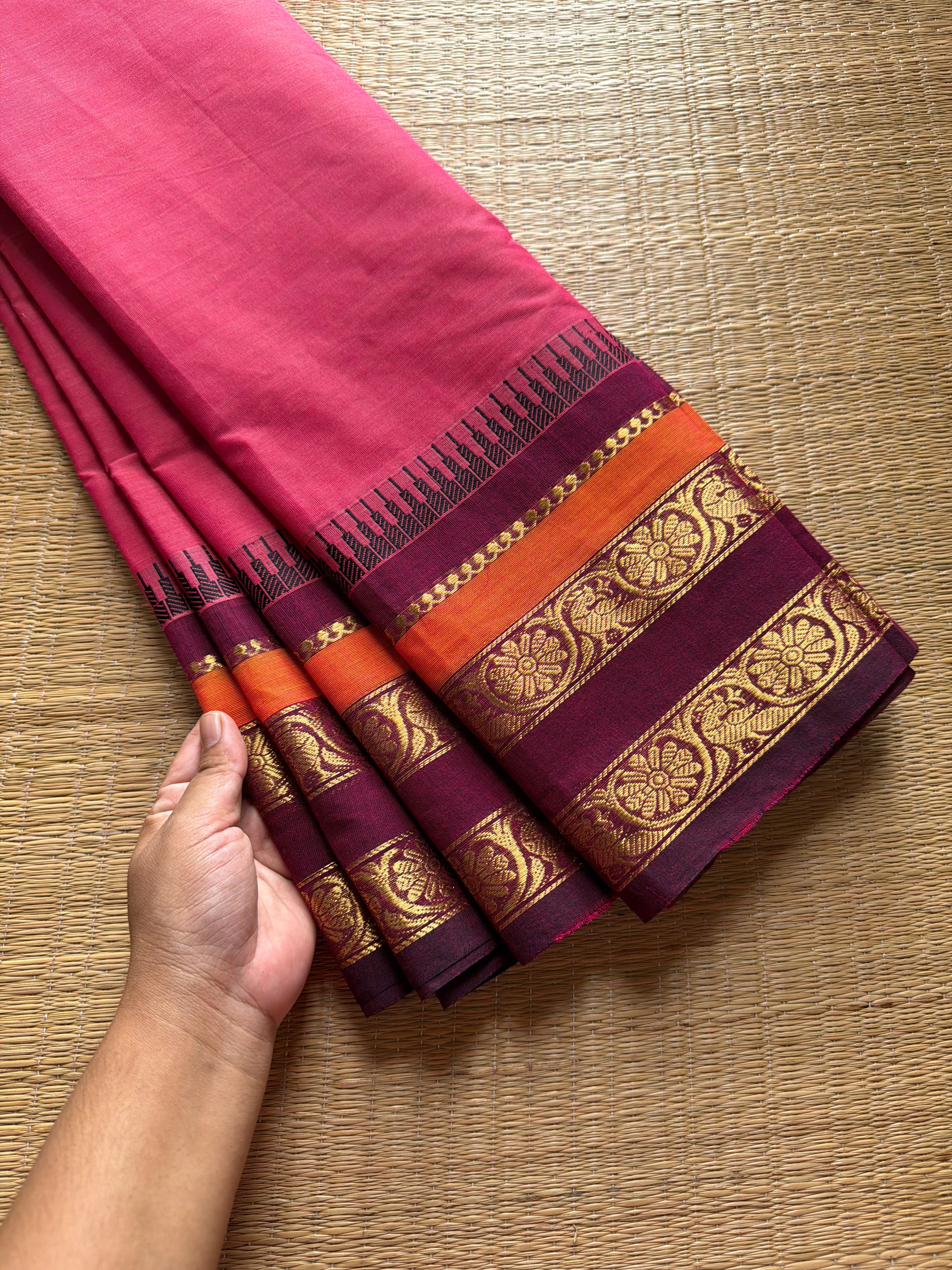 RF628 Pink shade Kanchi cotton saree with unique flower and peacock pattern border