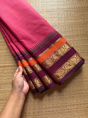 RF628 Pink shade Kanchi cotton saree with unique flower and peacock pattern border