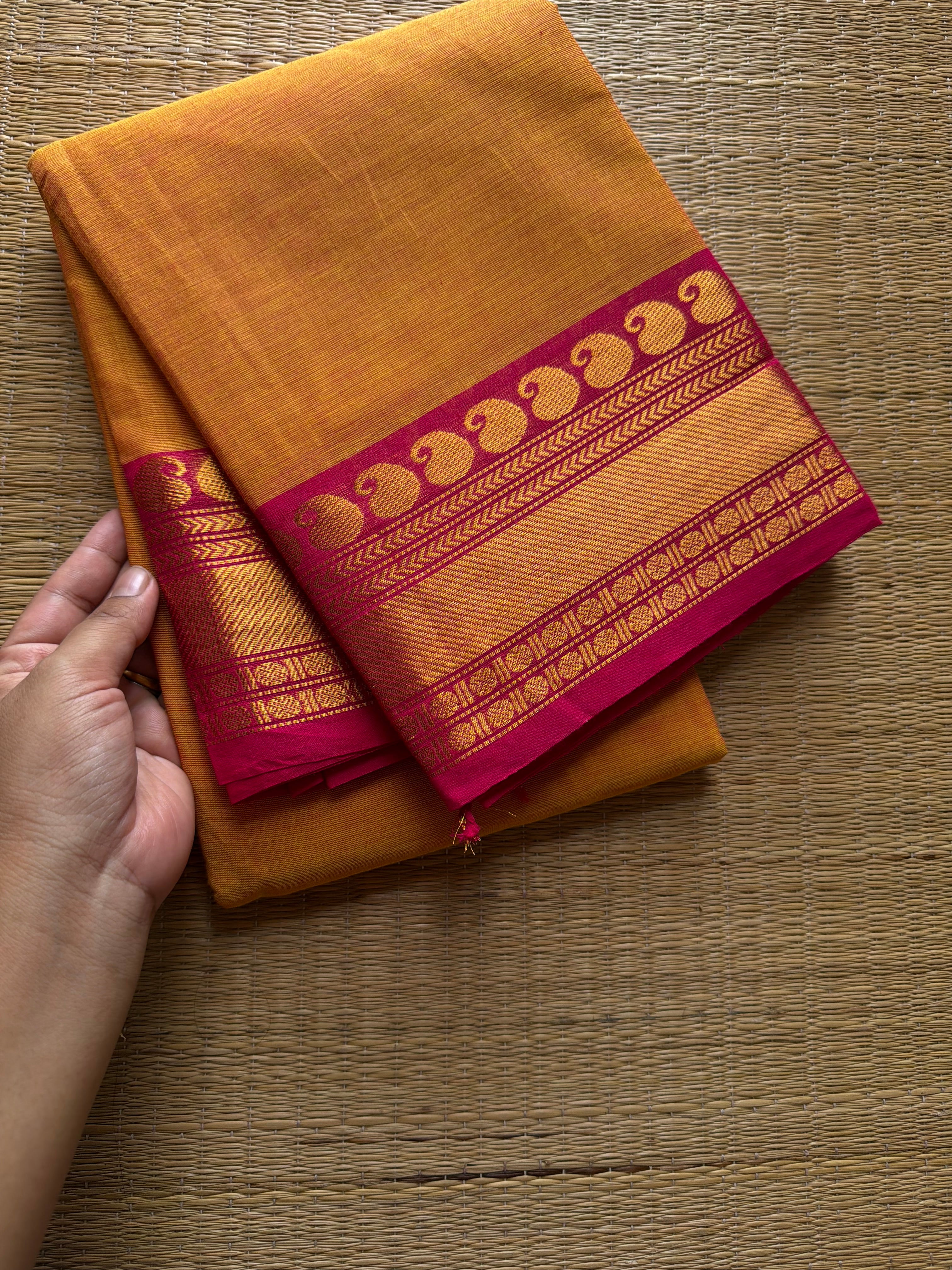 RF506 Dark mango shade with contrast pink combination mango pattern Zari border Kanchi cotton saree
