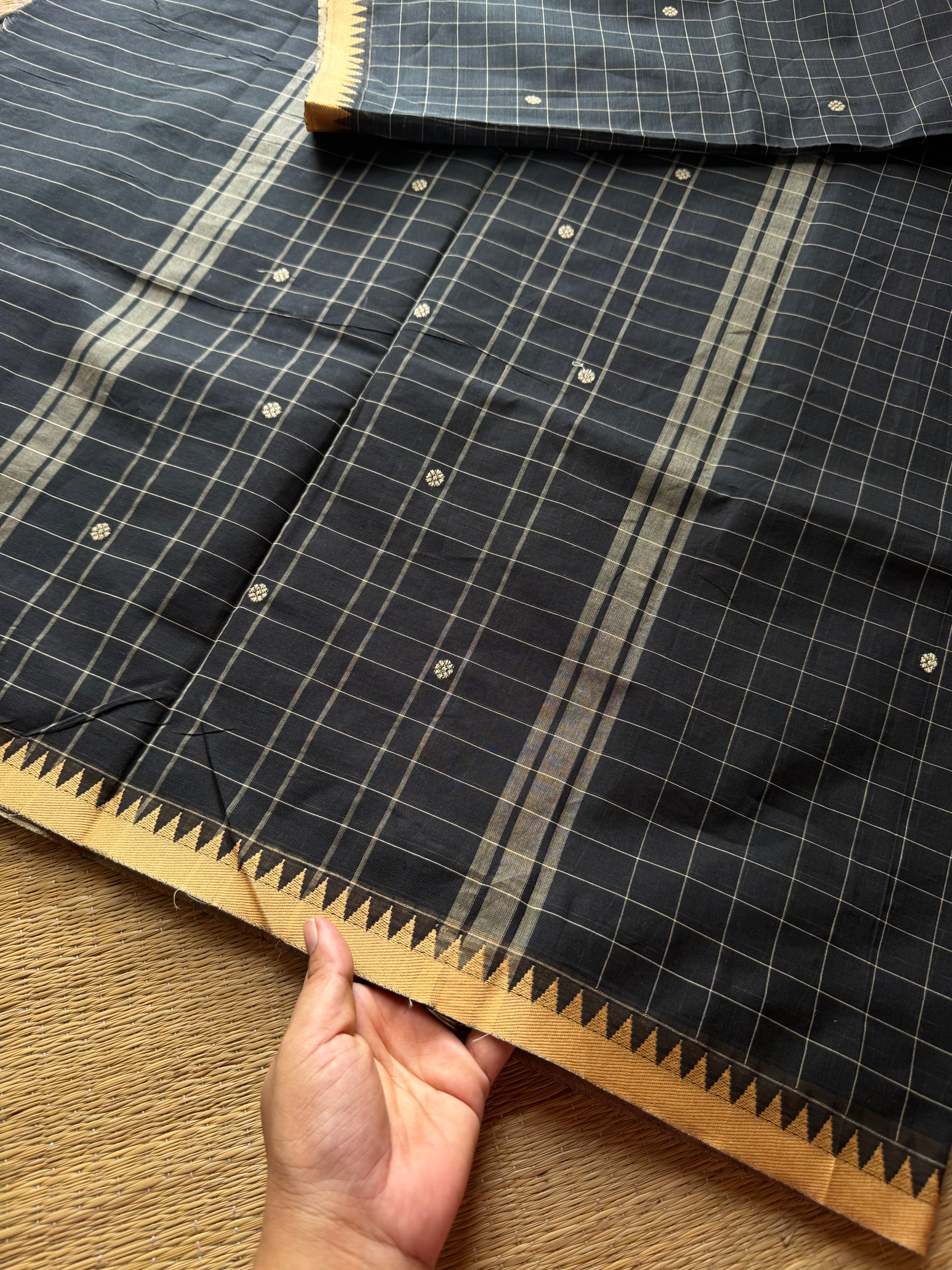 Black minimal edits ~ Premium & Soft Kanchi cotton saree with checks / Kattam pattern & handmade thread buttas