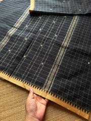 Black minimal edits ~ Premium & Soft Kanchi cotton saree with checks / Kattam pattern & handmade thread buttas