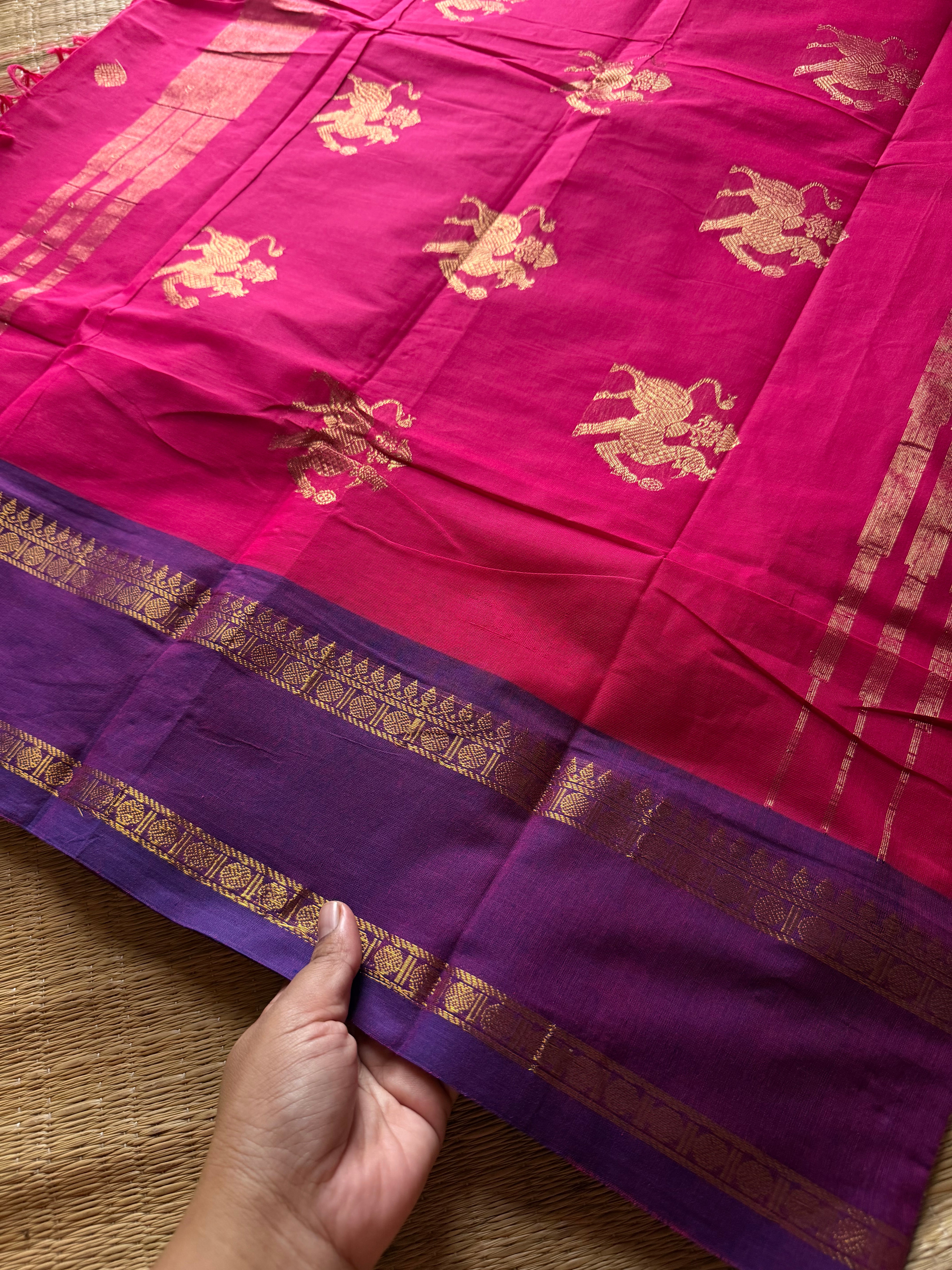 RF1378 Premium 120 count Rich Pallu Kanchi cotton saree with traditional gap border & yazhi pattern buttas ~ Dark Pink