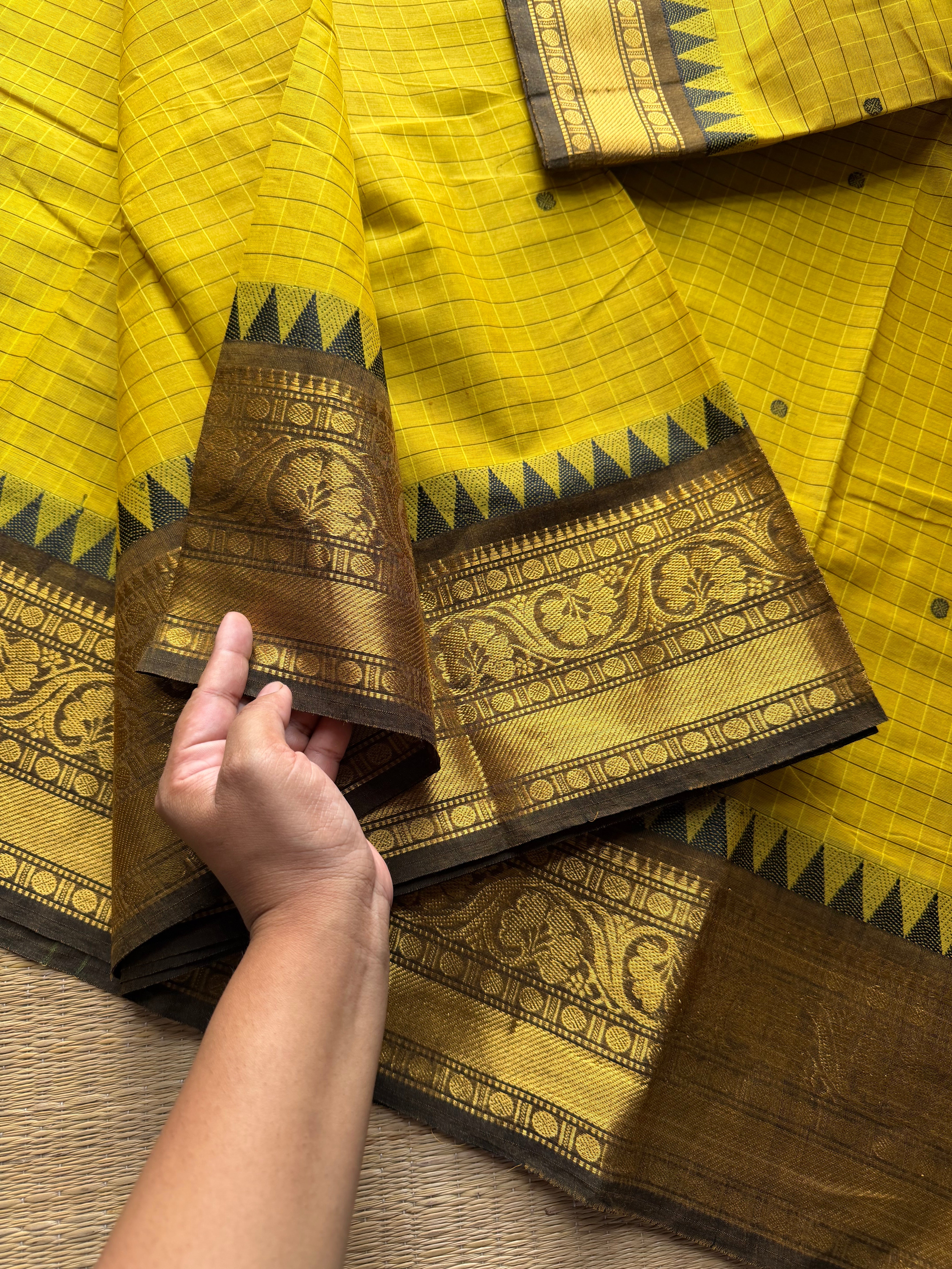 RF985 Yellow Kattam Kanchi cotton saree with handmade thread buttas