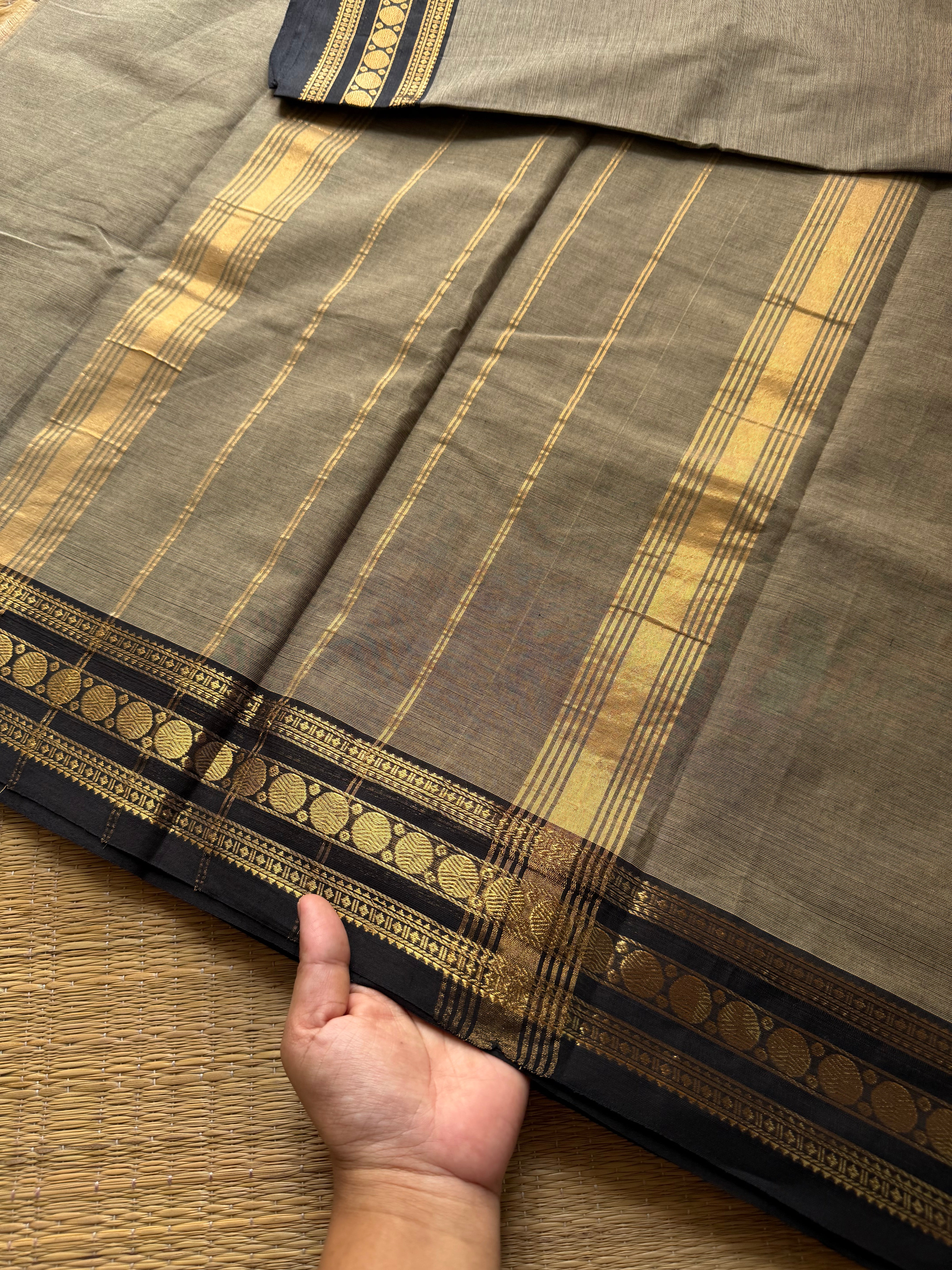 RF445 Grey with black combination small border Kanchi cotton saree