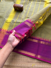 RF58 Dual tone Turquoise green shade with contrast dualmagenta pink  vintage border Podi Kattam Kanchi cotton saree