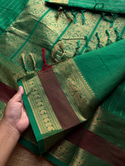 RF1385 Premium Rich Pallu Kanchi Cotton Saree with Vairaoosi pattern & gap border ~ Green