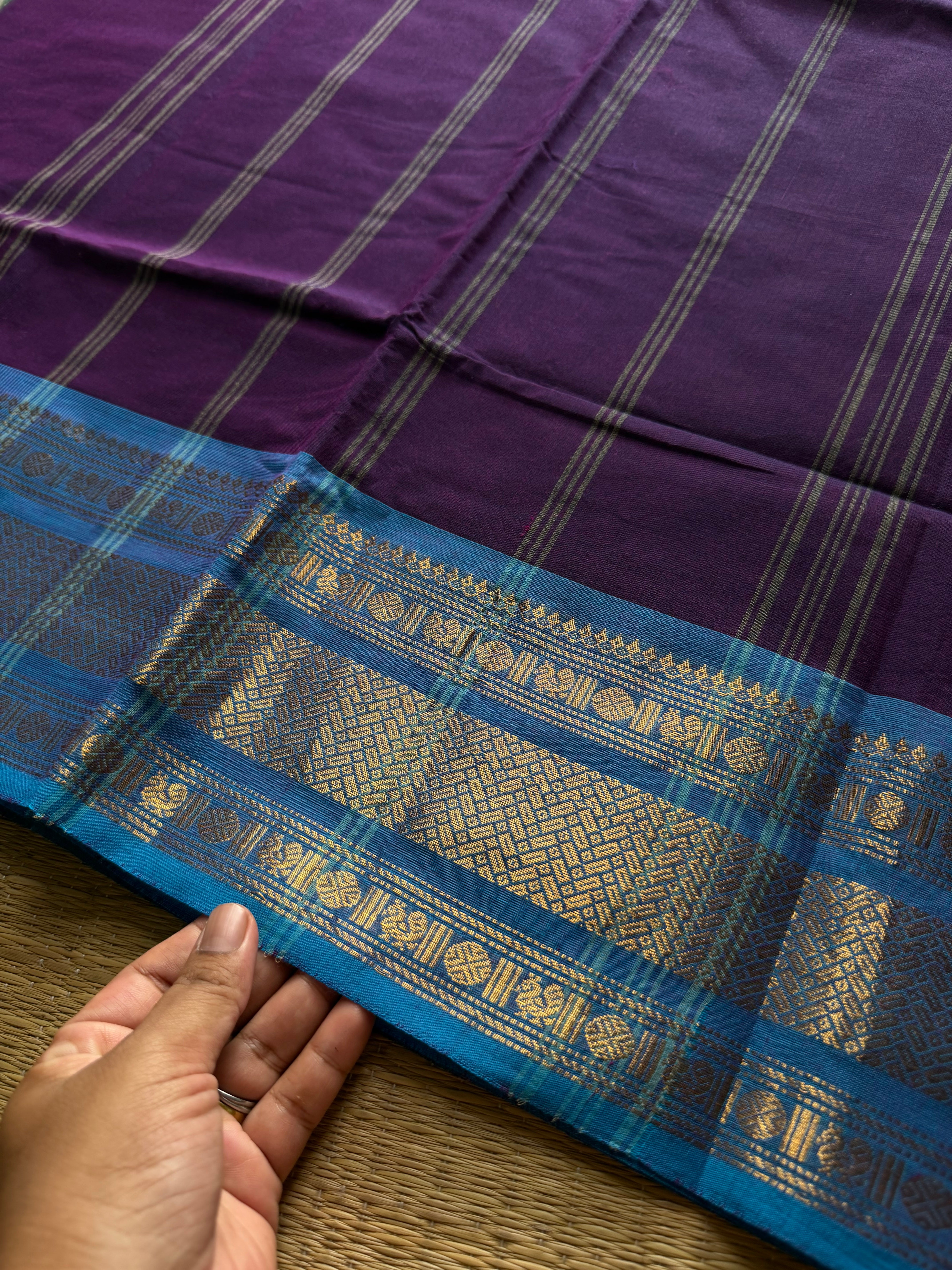 RF879 Silk saree inspired Kanchi cotton saree ~ Purple with sky blue combination