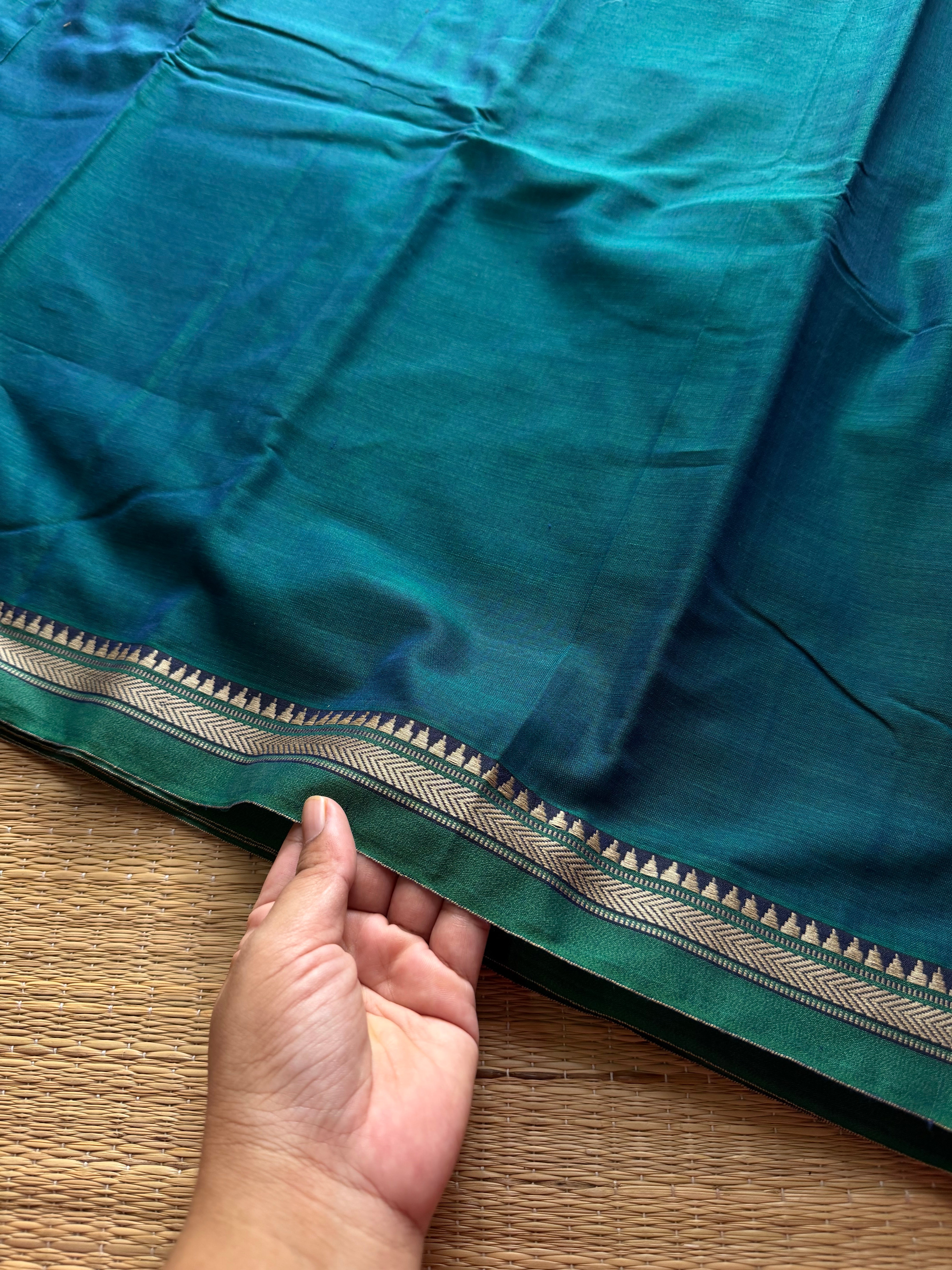 RF380 Peacock Blue Shade Narayanpet Mercerised Cotton Saree with small border