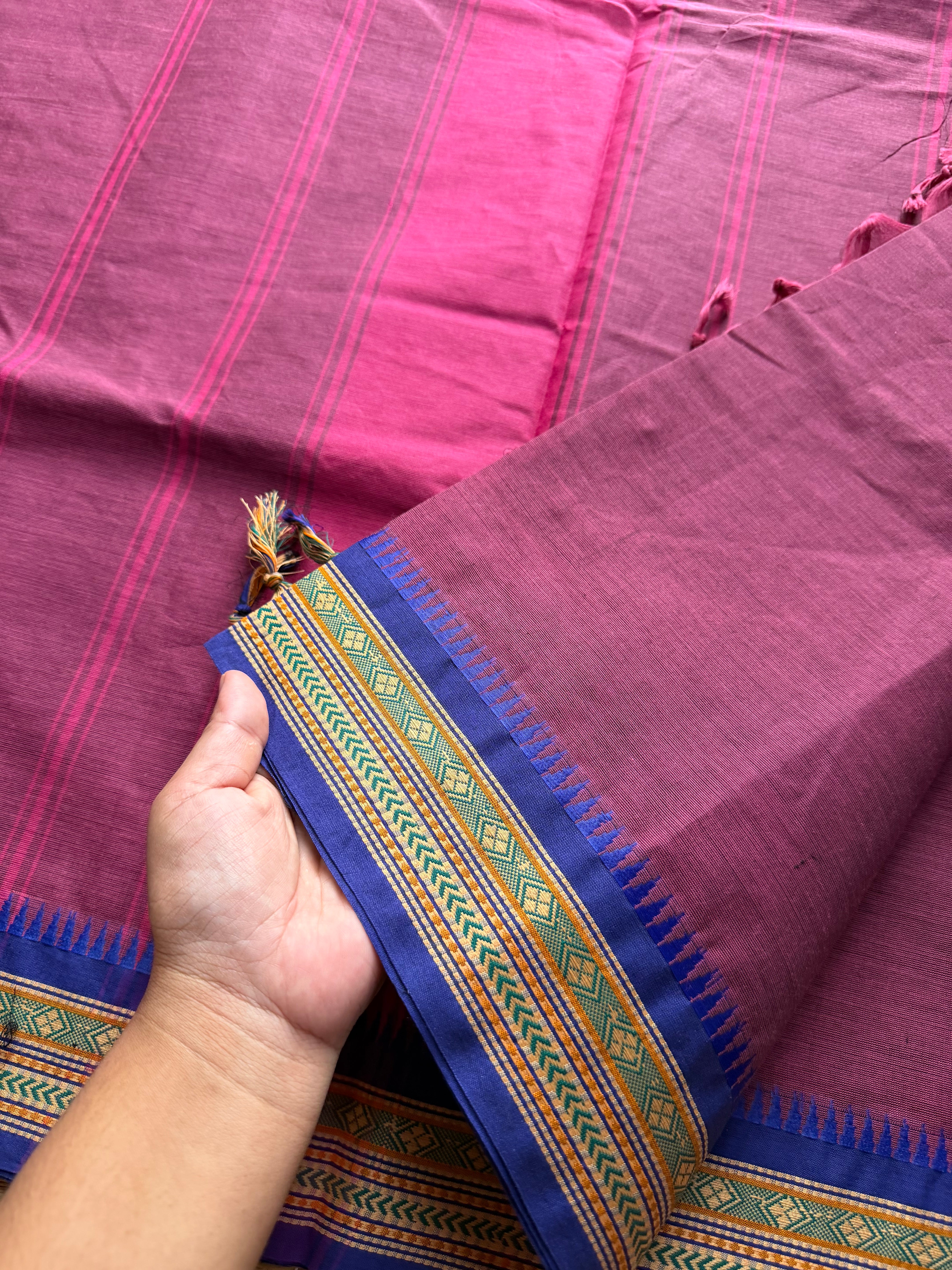 RF301 Dual tone plum pink shade Kanchi cotton saree with elegant royal blue combination thread border