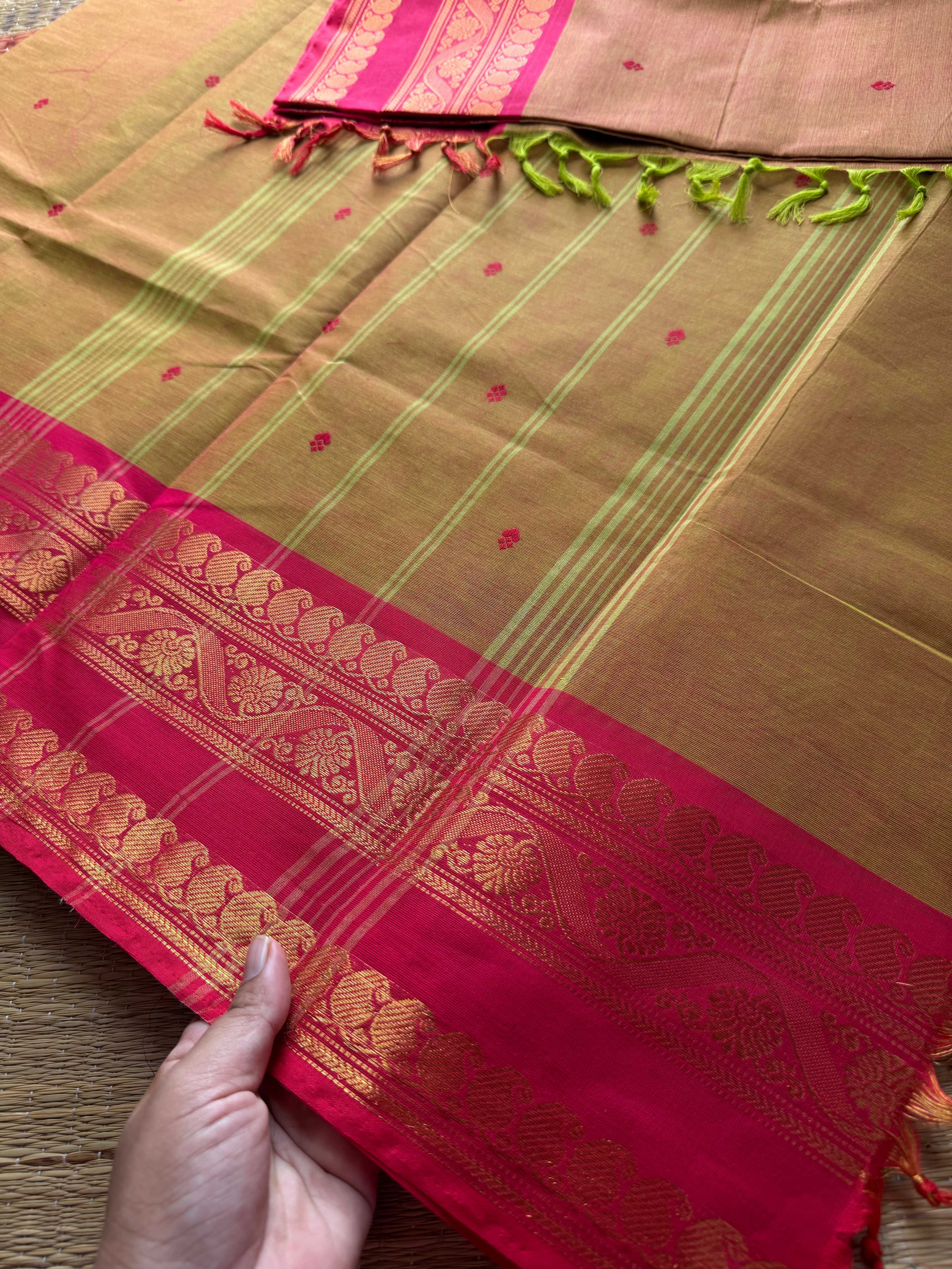 RF370 Dual shade yellow with contrast pink mango and floral pattern border kanchi cotton saree and handmade thread buttas