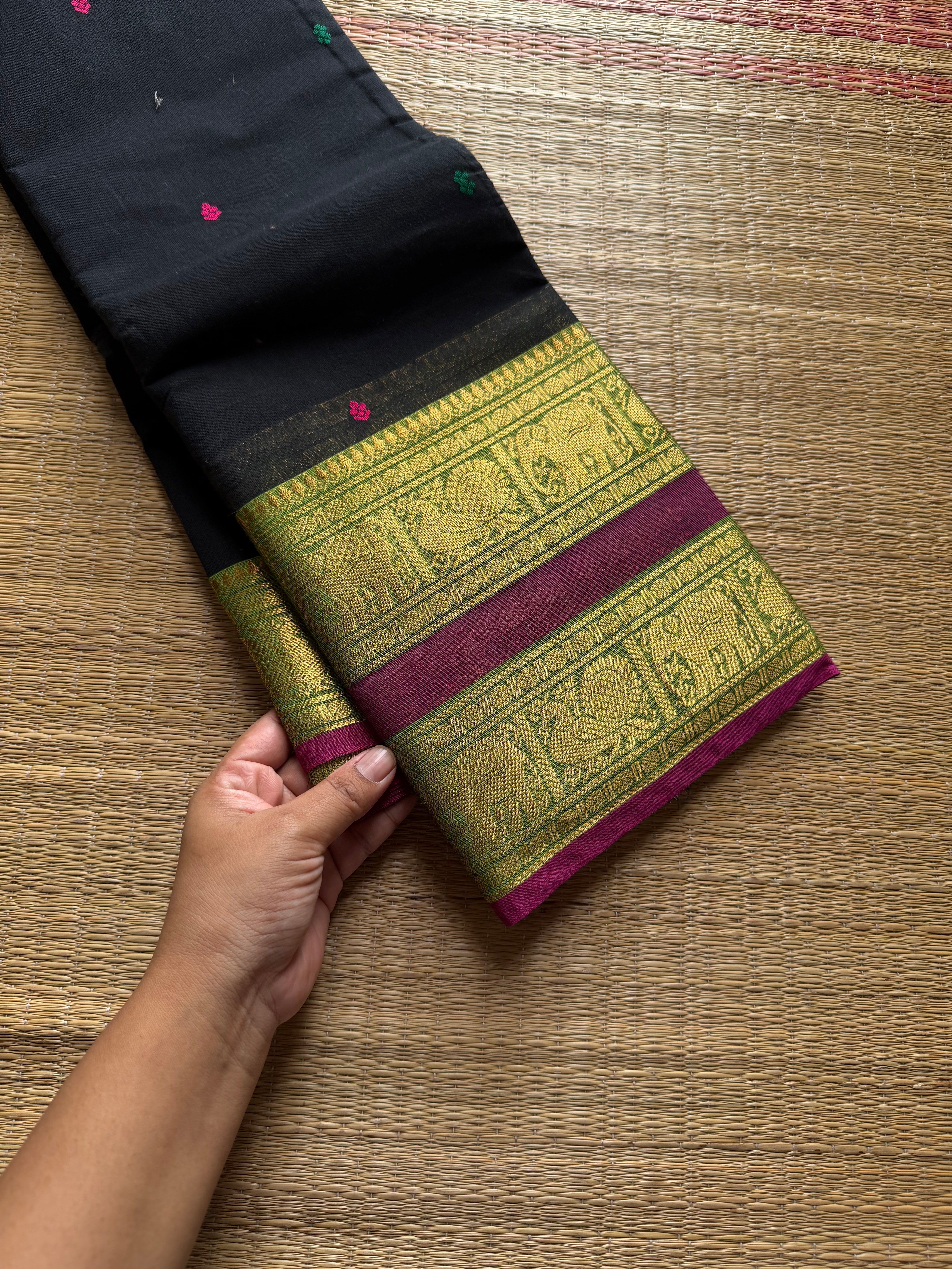 RF854 Black Kanchi cotton saree with Rettapet border and handmade thread buttas