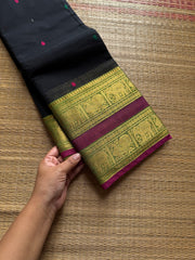 RF854 Black Kanchi cotton saree with Rettapet border and handmade thread buttas
