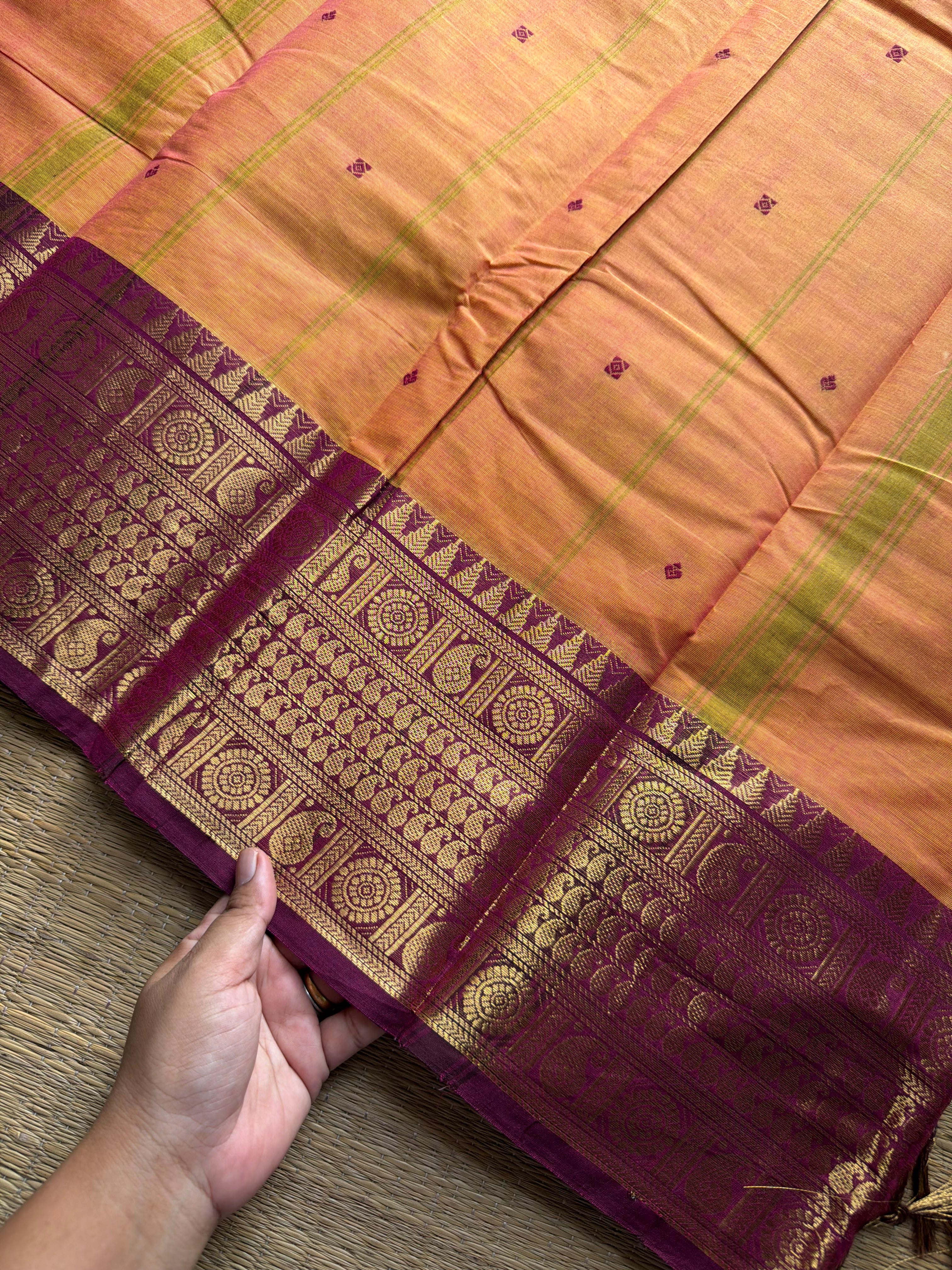 RF1009 Dual tone mango shade ~ Kanchi cotton saree with handmade thread buttas