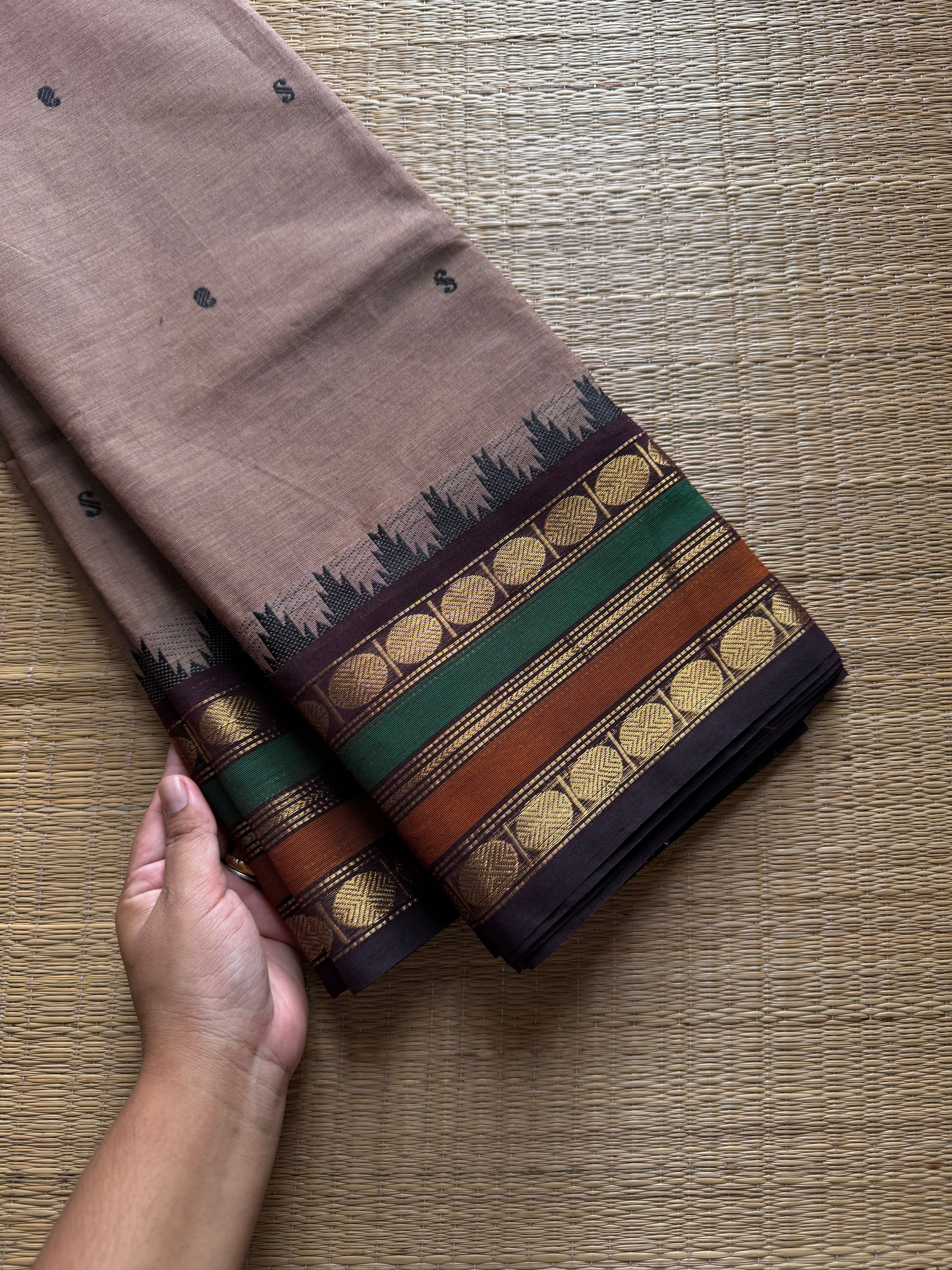RF734 Grey shade Kanchi cotton saree with multi color contrast Thazhampoo pattern border and handmade thread buttas