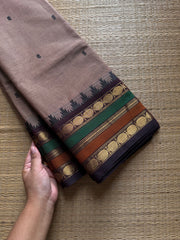RF734 Grey shade Kanchi cotton saree with multi color contrast Thazhampoo pattern border and handmade thread buttas