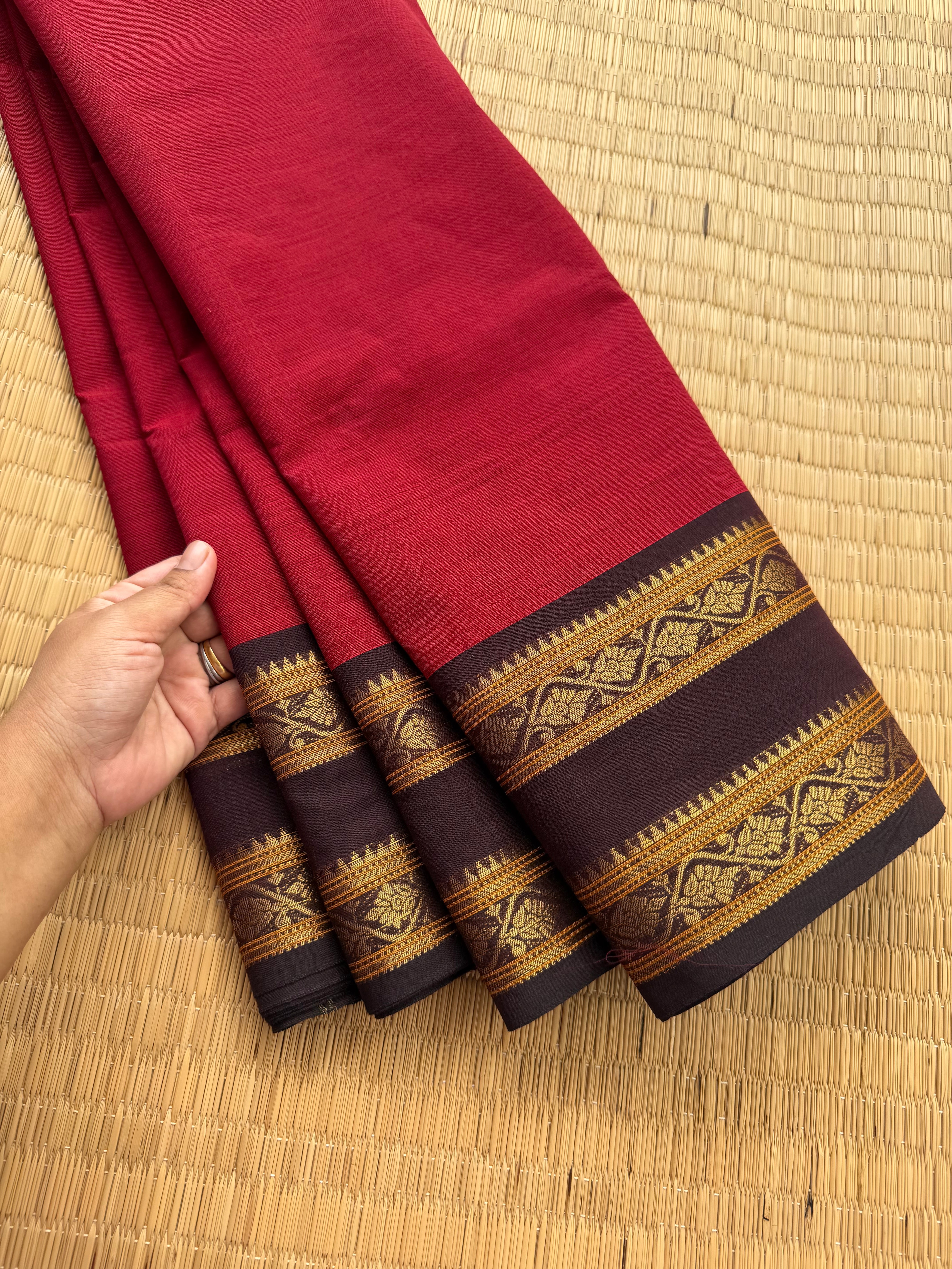 RF149 Reddish maroon with contrast brown Rettapet border Kanchi cotton saree