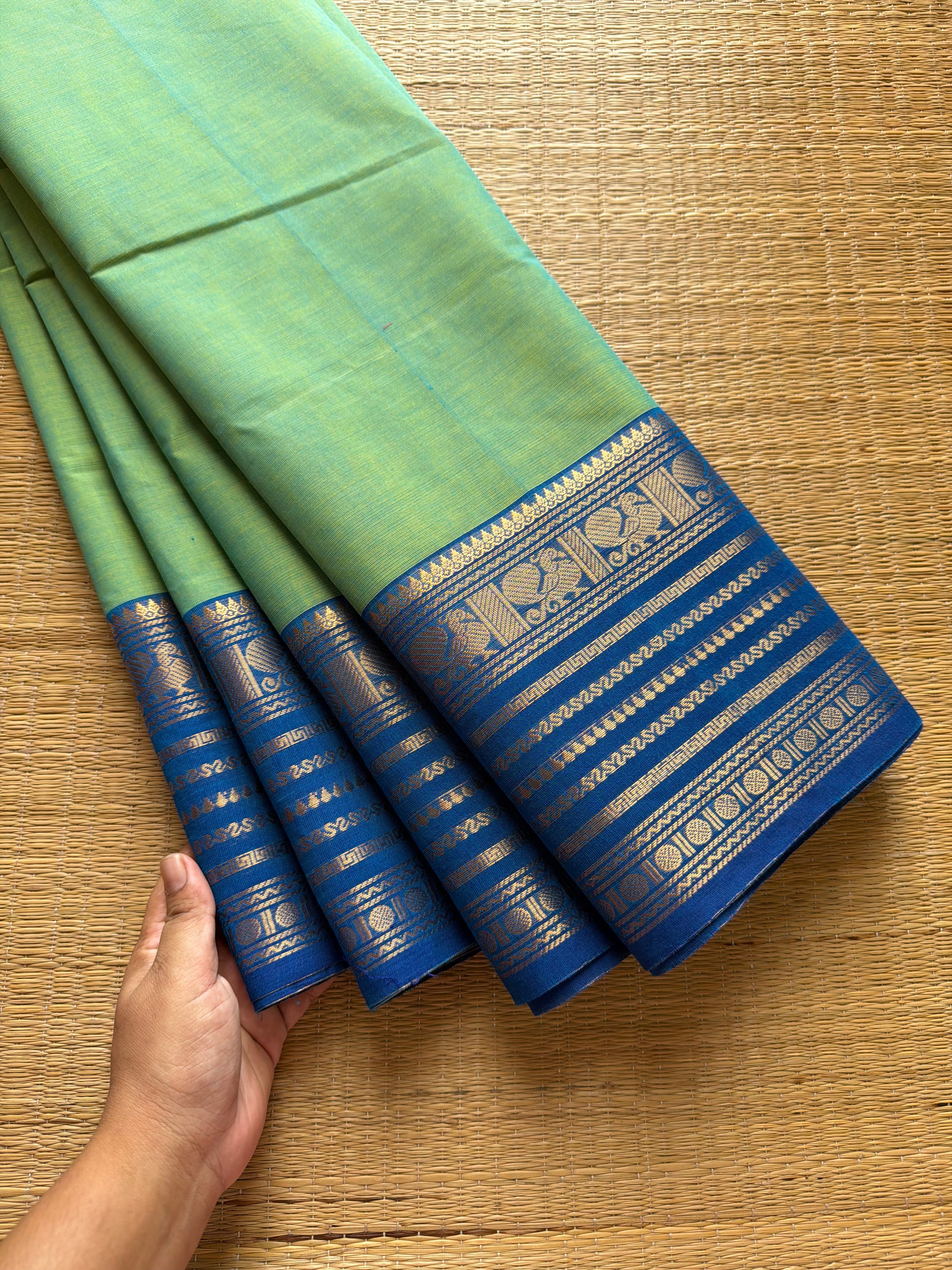 Dual tone Apple green with blue combination Kanchi cotton saree with Varisaipet Border