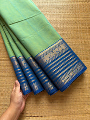 Dual tone Apple green with blue combination Kanchi cotton saree with Varisaipet Border