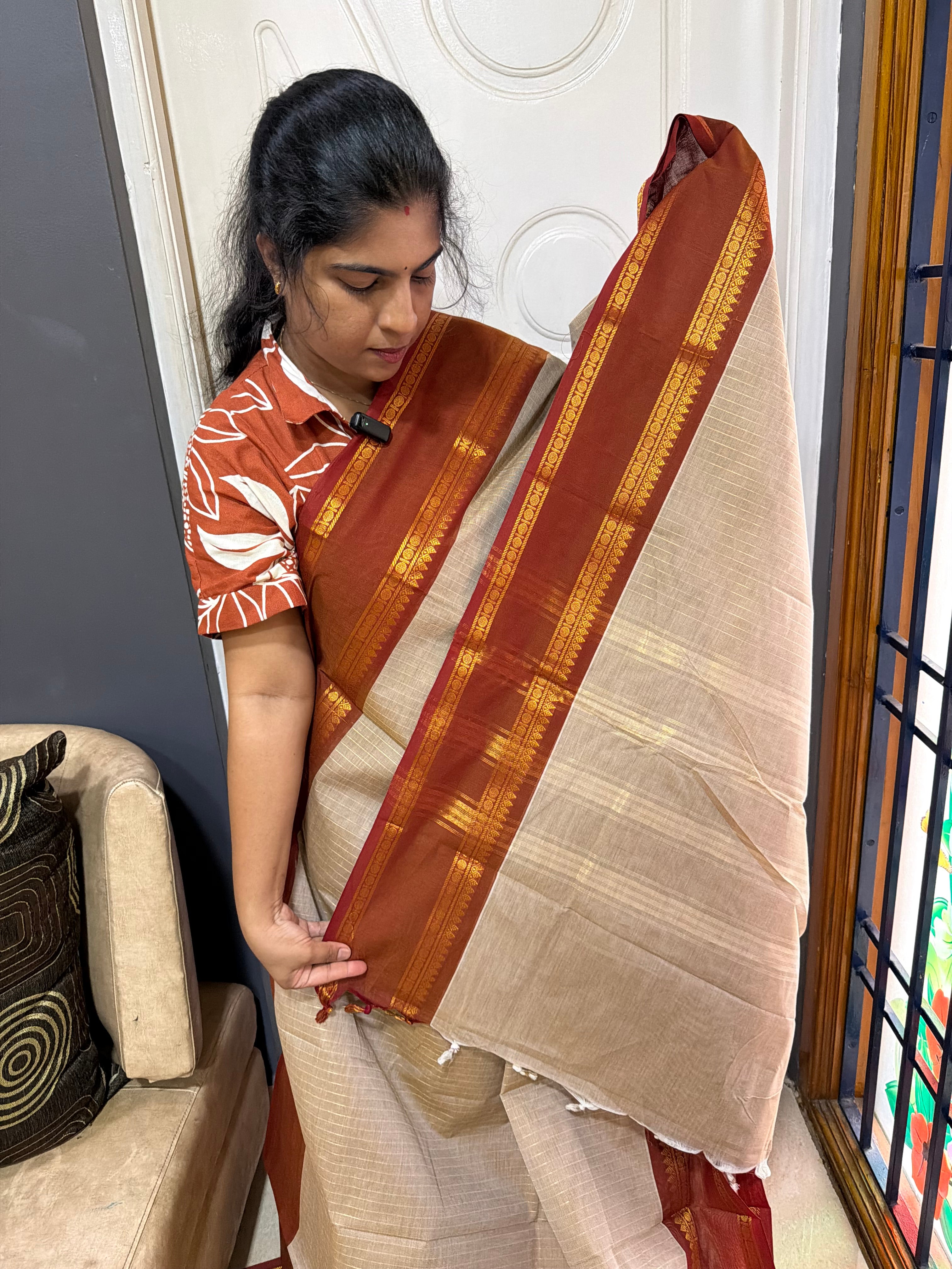RF534 Silk saree inspired premium Kanchi  cotton saree with Beige with rust orange combination & fully Vaira Oosi pattern