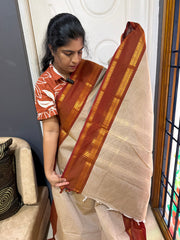 RF534 Silk saree inspired premium Kanchi  cotton saree with Beige with rust orange combination & fully Vaira Oosi pattern
