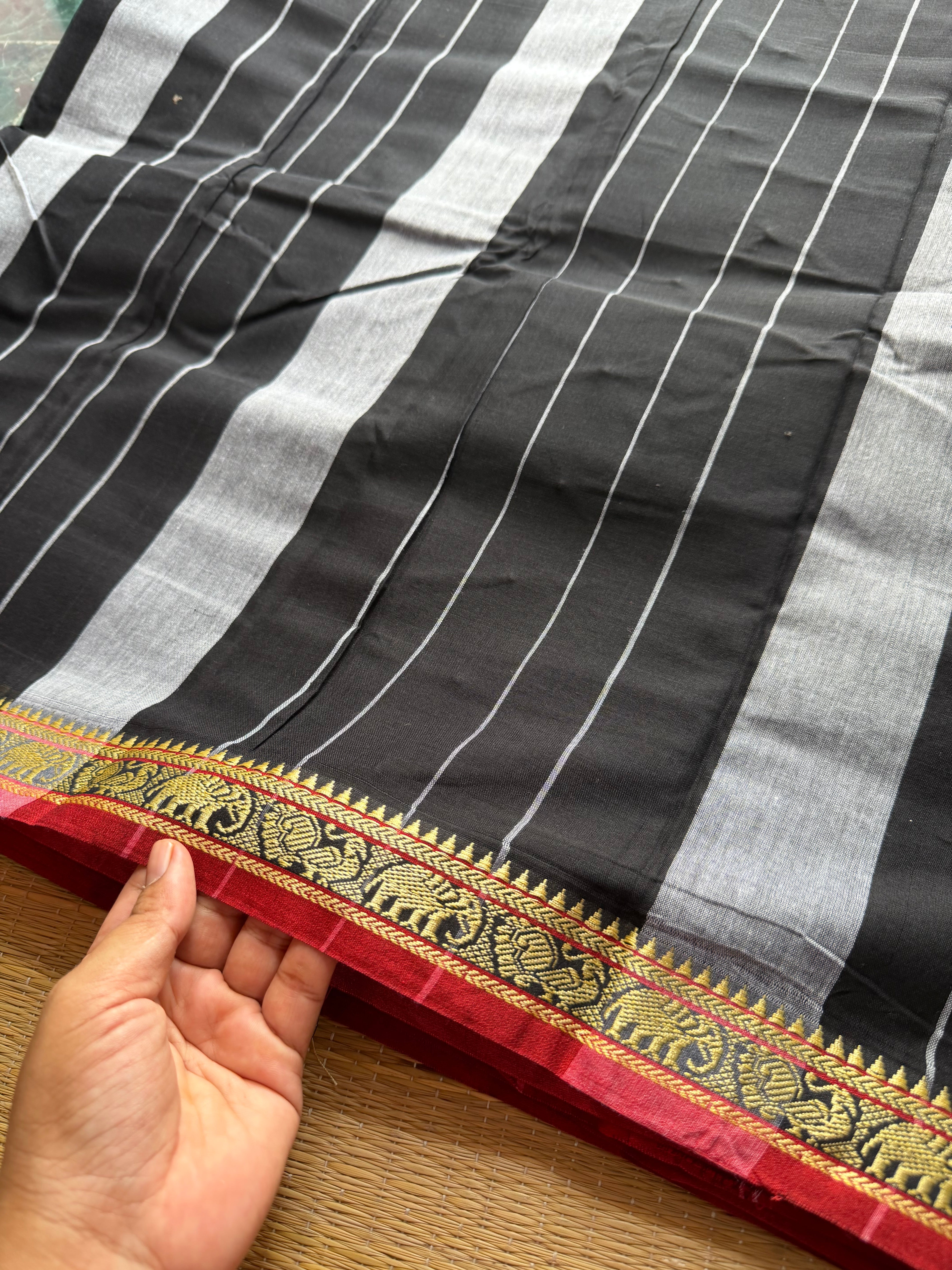 RF315 Black Mercerised Narayanpet Cotton Saree With contrast maroon combination Small Annam and elephant pattern border