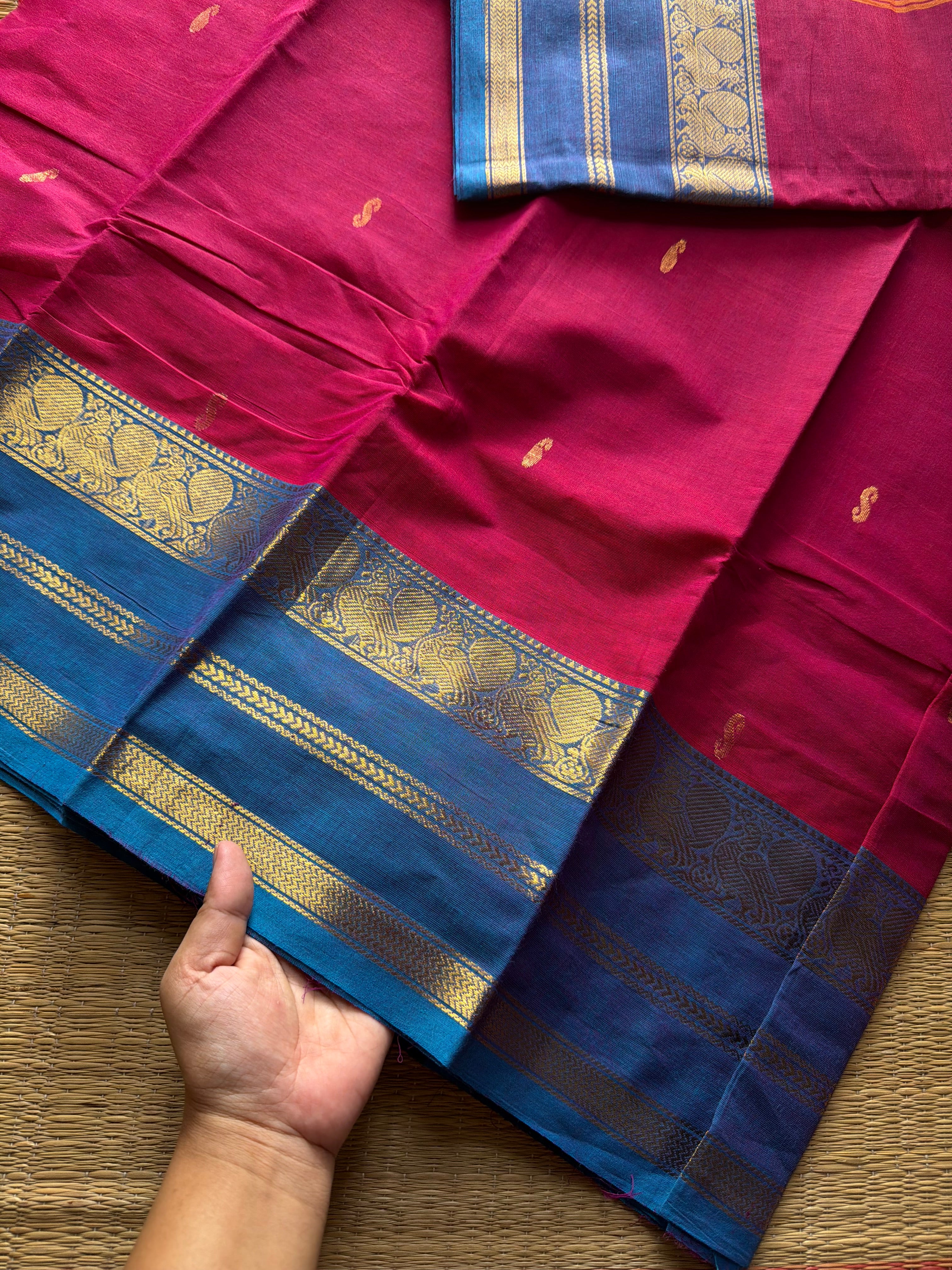 RF417 Magenta pink with sky blue combination Kanchi cotton saree with handmade Buttas