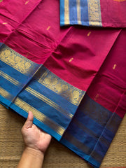 RF417 Magenta pink with sky blue combination Kanchi cotton saree with handmade Buttas