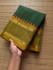 RF1001 Green ~ Vintage Border Podikattam / small checks pattern Kanchi cotton saree
