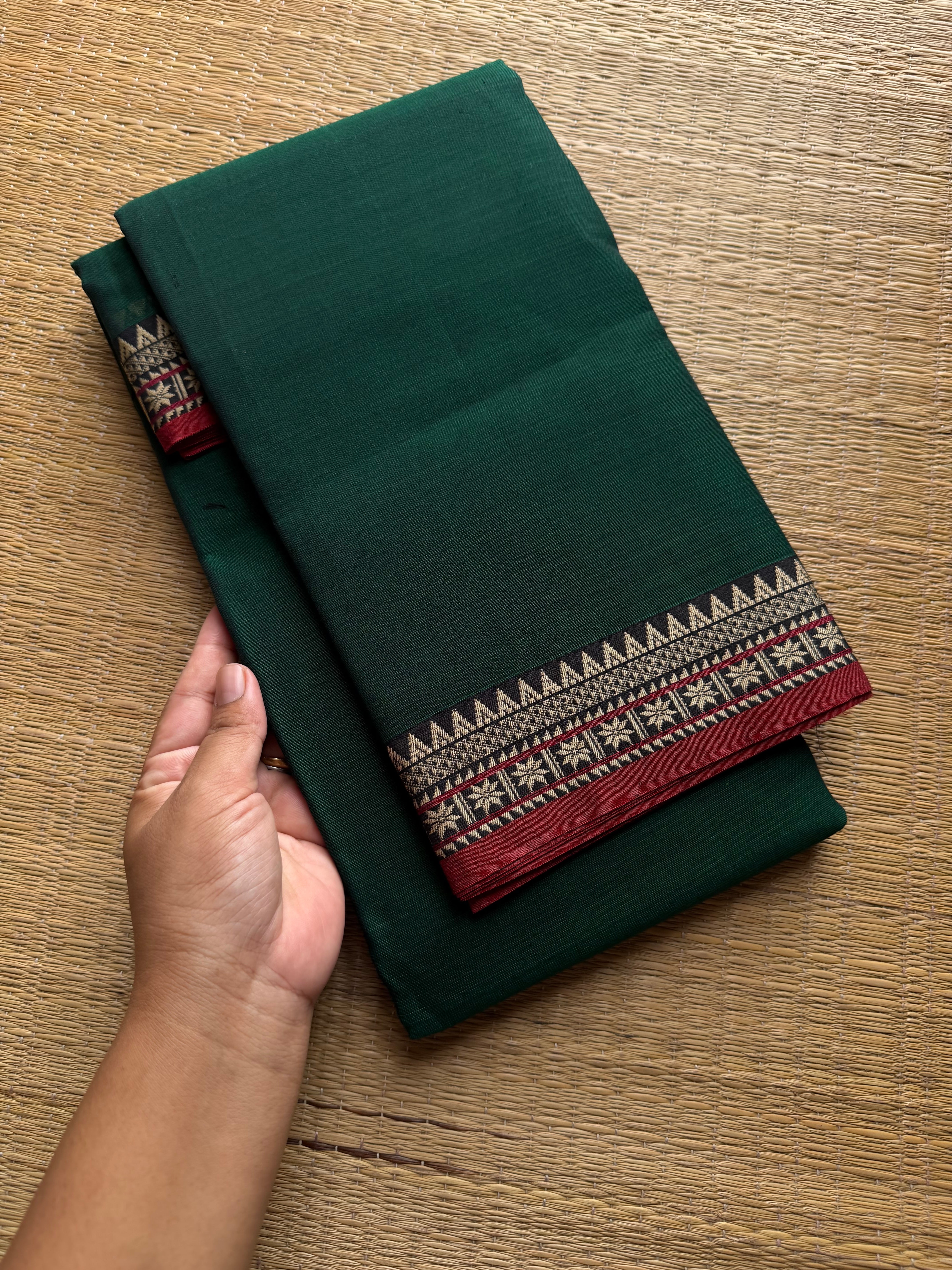 RF933 Bottle green ~ Mercerised Narayanpet soft cotton saree with small thread border