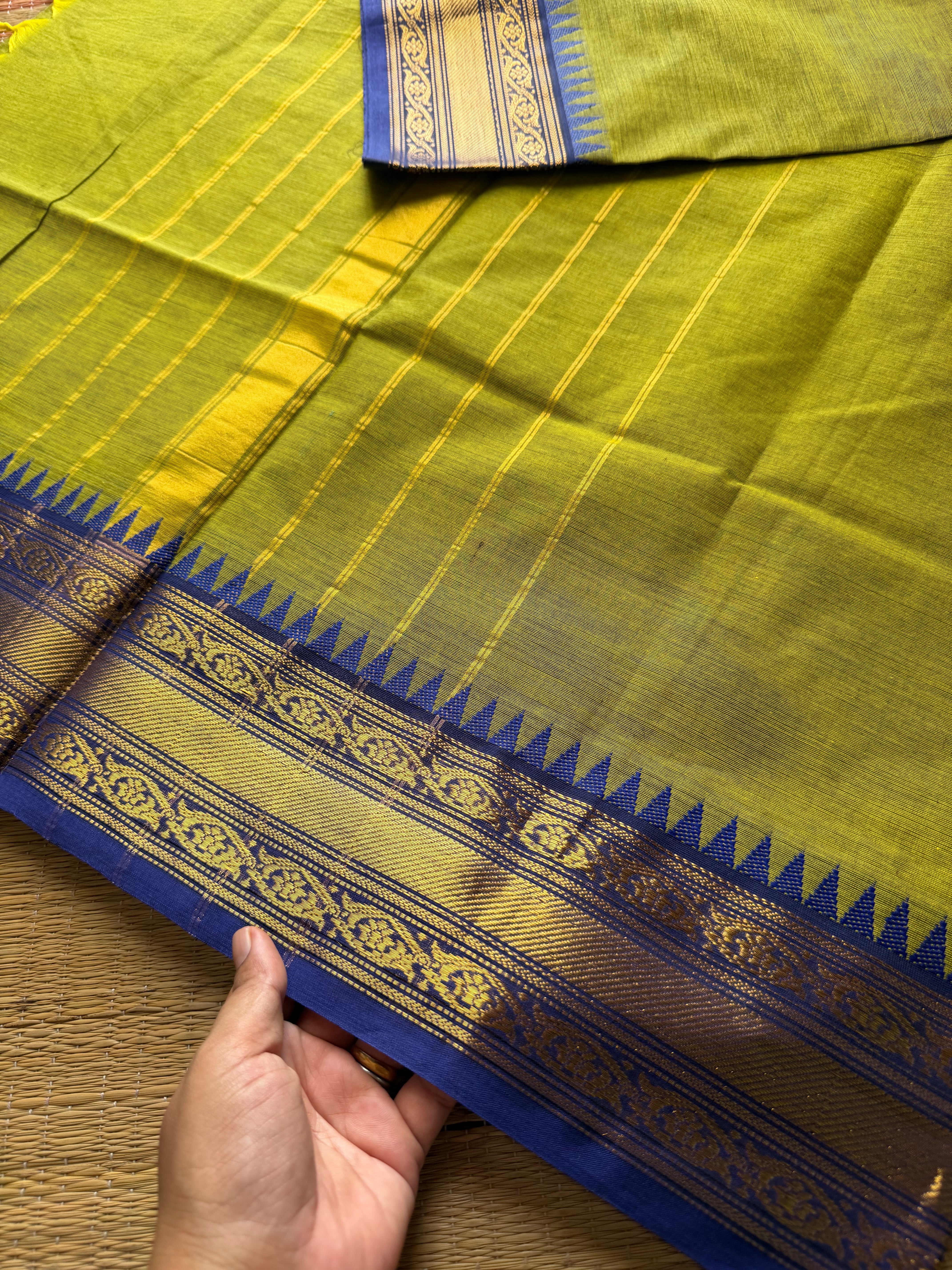 RF706 Green with royal blue  ~ Medium Size Border Kanchi Cotton Saree