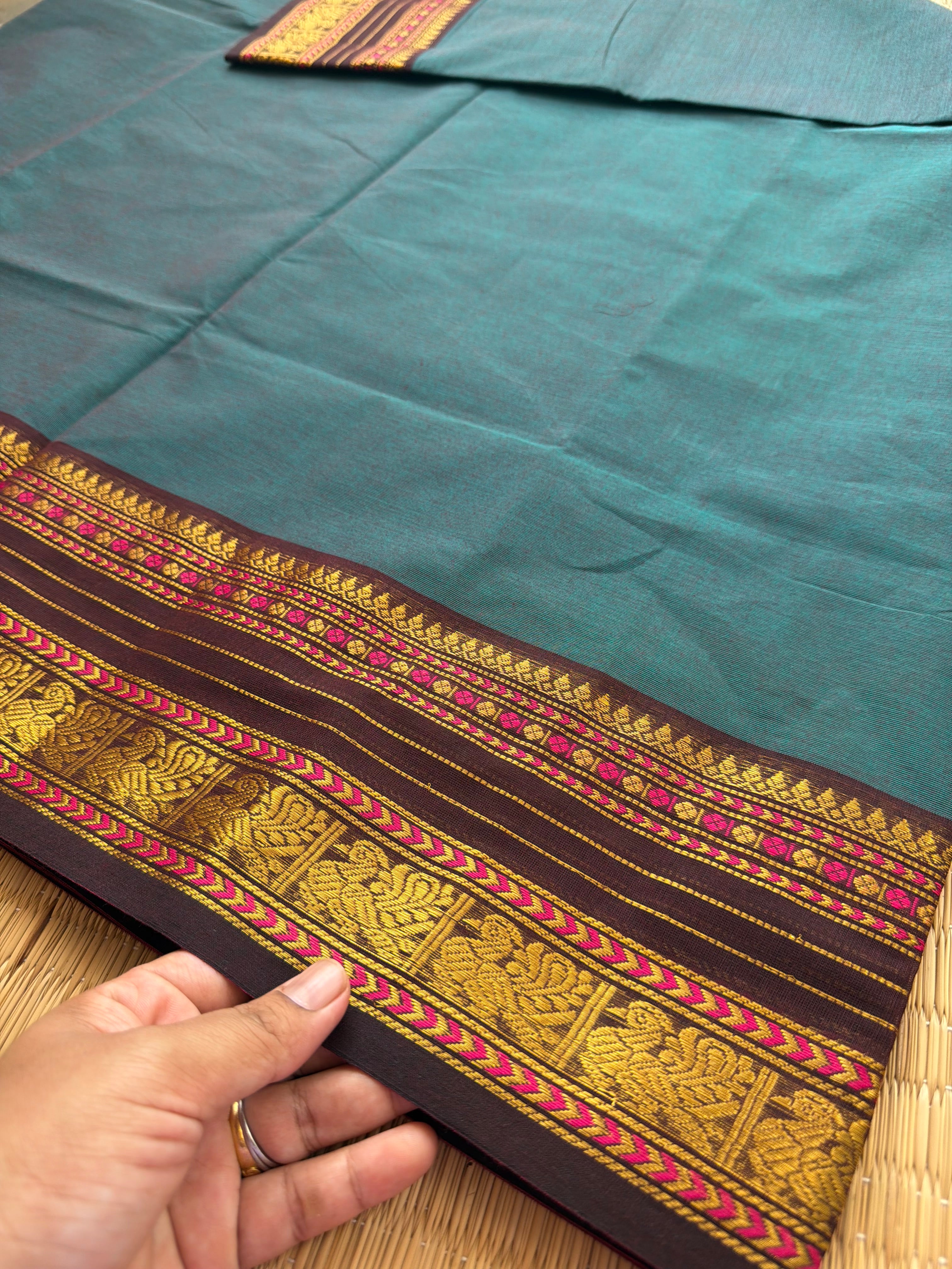 RF135 Dark teal Blue Shade With contrast brown combination vintage border Kanchi cotton saree