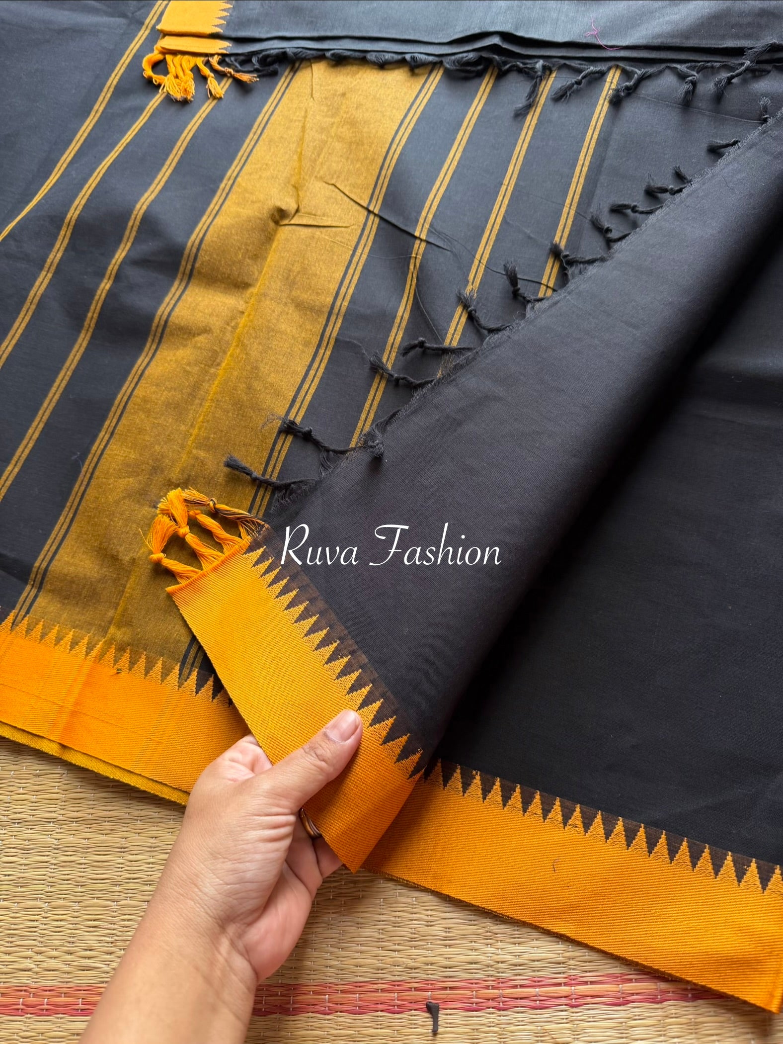 RF13 Black With Mustard yellow combination Kanchi Cotton Saree with thread border - RF13