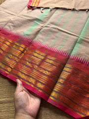 RF595 Pastel shade Kanchi cotton saree ~ beige with pink