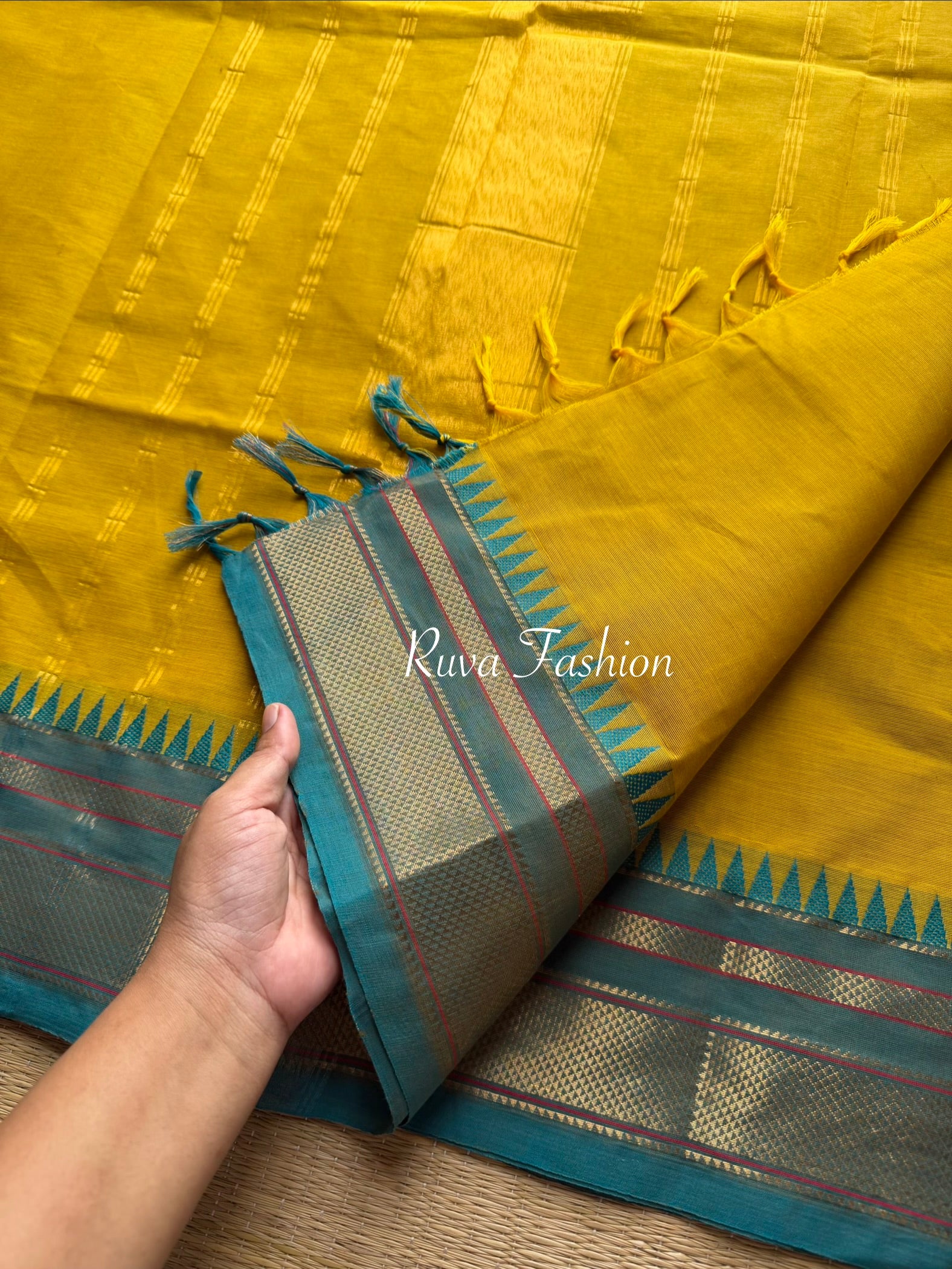 RF22 Yellow With Sky Blue Combination Kanchi Cotton Saree - RF22