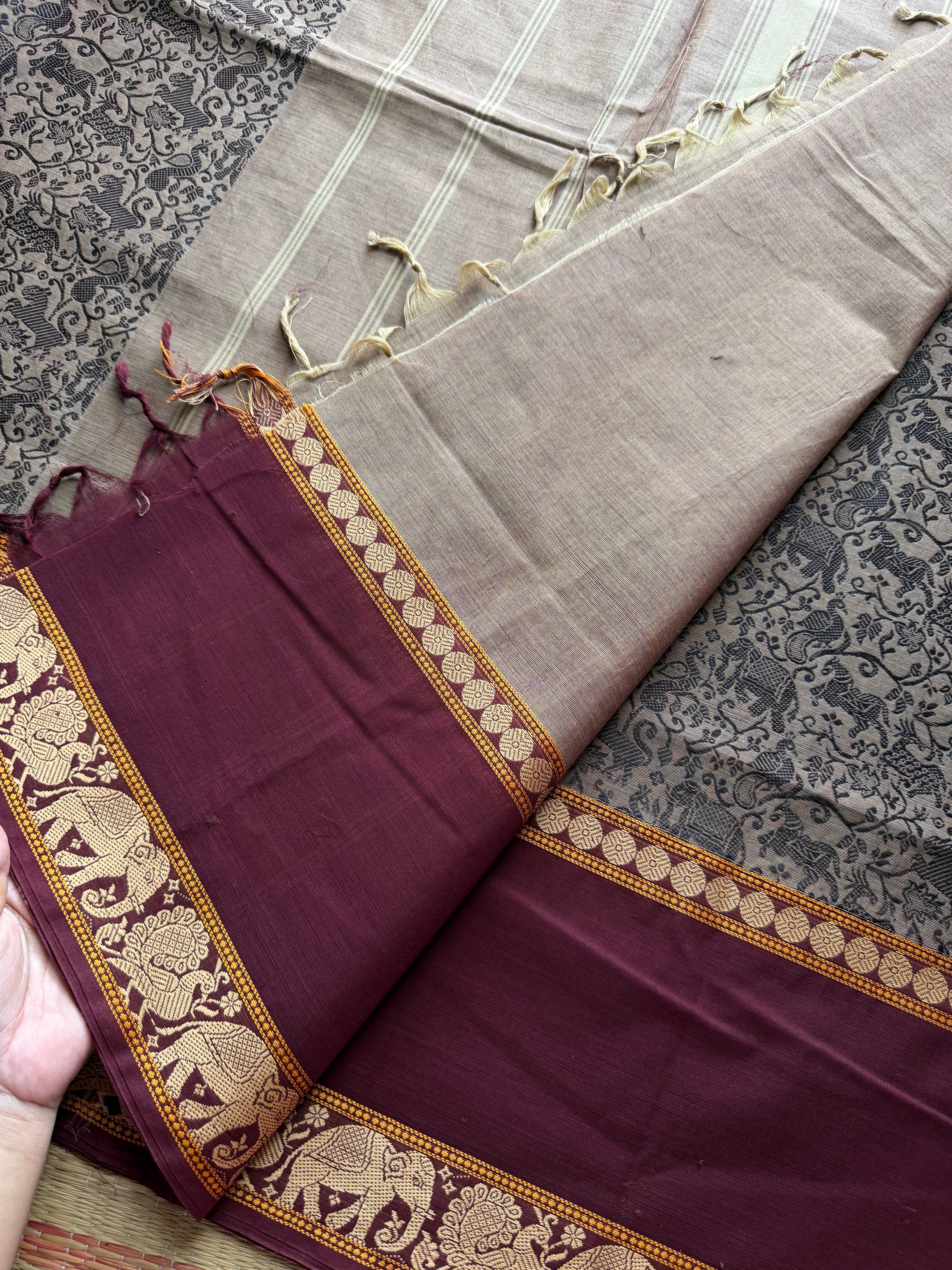 RF561 Premium & Exclusive Vanasingaram Kanchi Cotton saree ~ Biscuit with brown