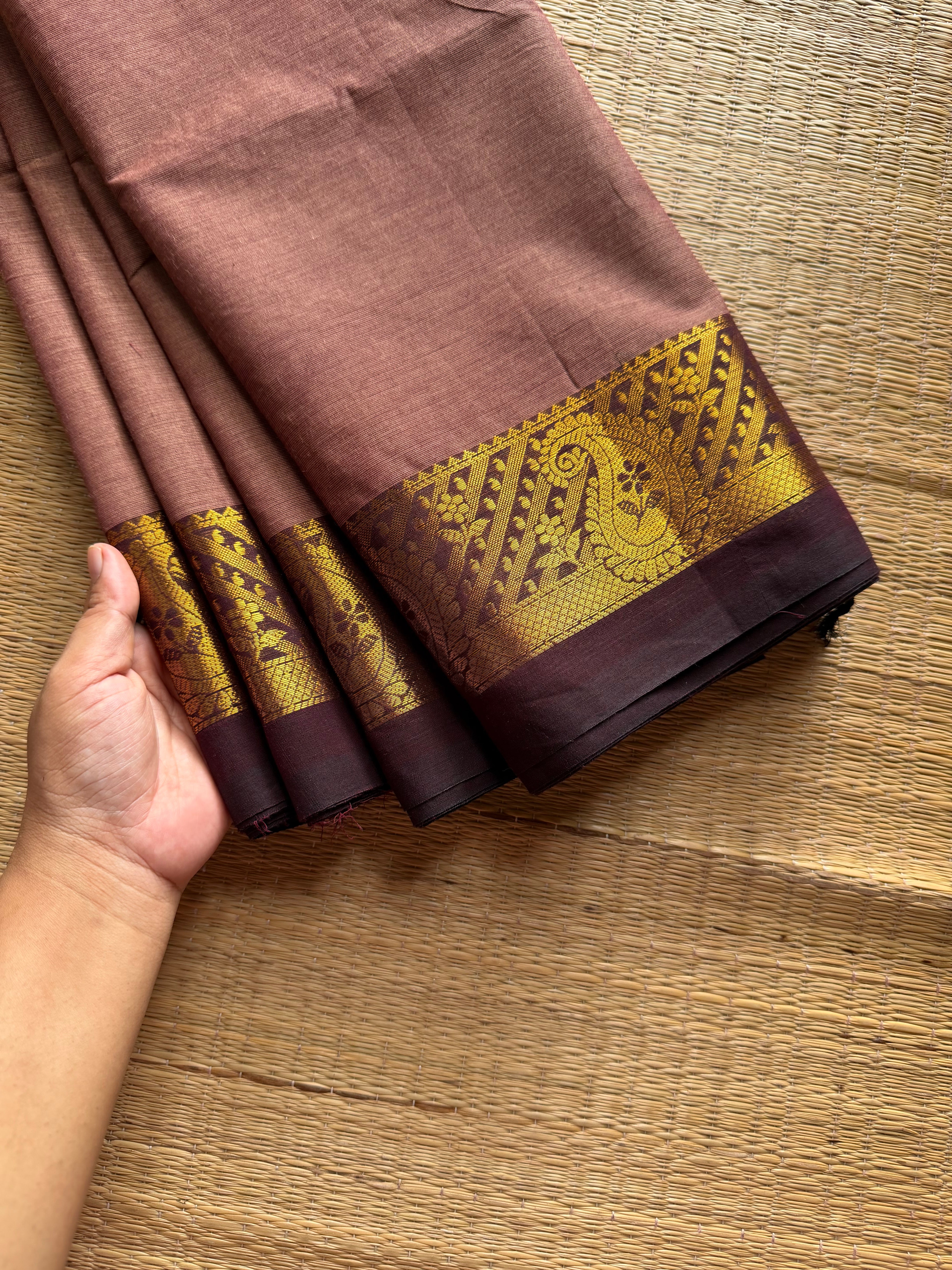 RF1178 Biscuit shade with brown combination Kanchi cotton saree