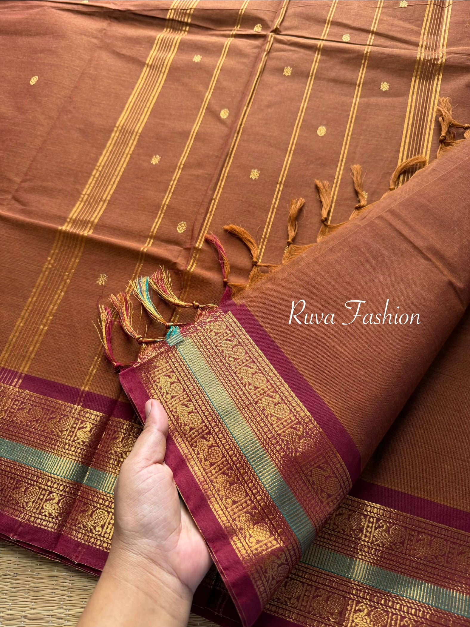 Dark Honey Shade Kanchi Cotton Saree With Contrast Maroon Border With handmade golden Zari Buttas