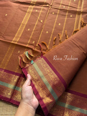 Dark Honey Shade Kanchi Cotton Saree With Contrast Maroon Border With handmade golden Zari Buttas