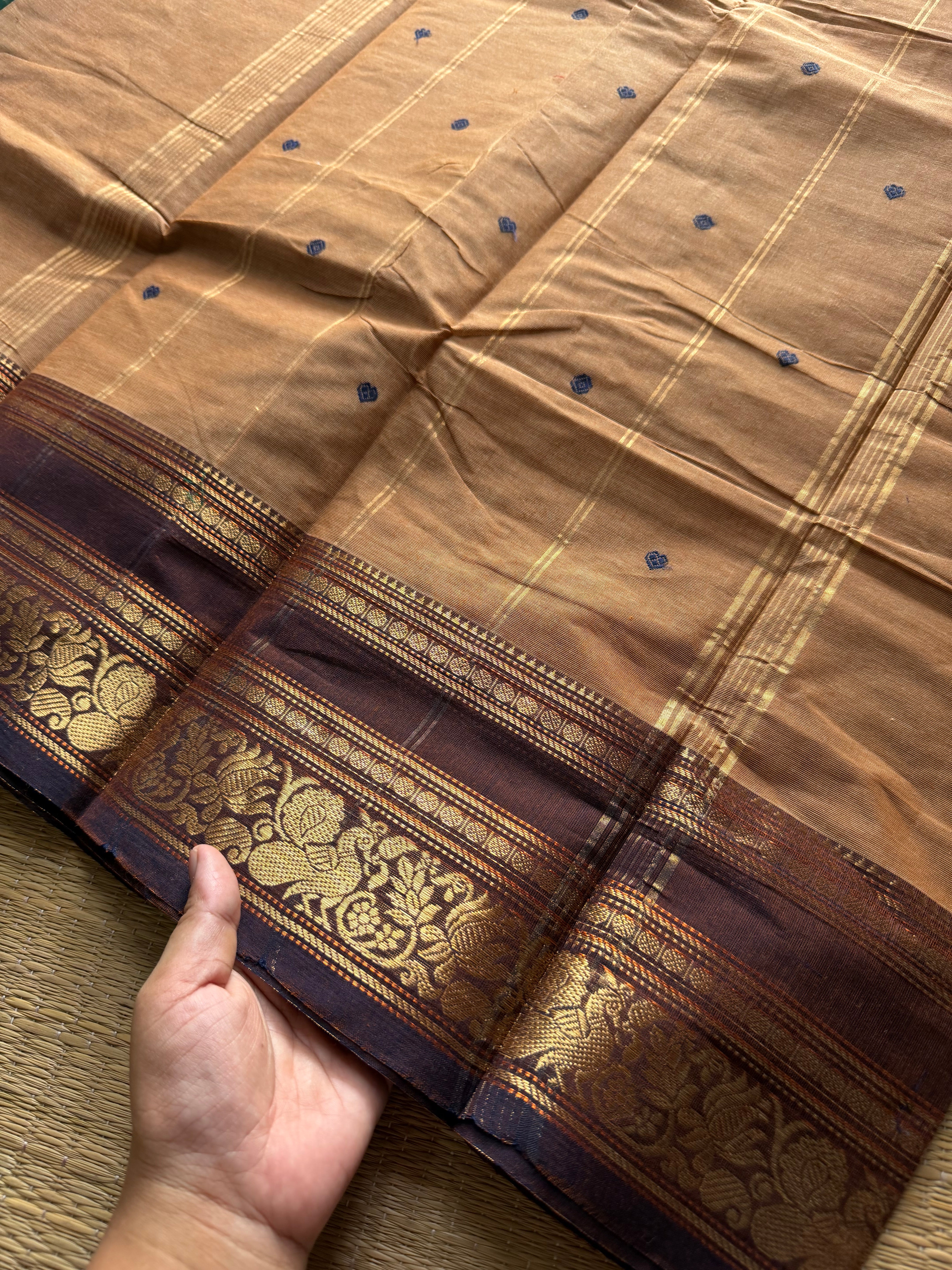 Beige shade Kanchi cotton saree with contrast Annam and lotus pattern border & handmade thread buttas