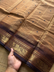 Beige shade Kanchi cotton saree with contrast Annam and lotus pattern border & handmade thread buttas