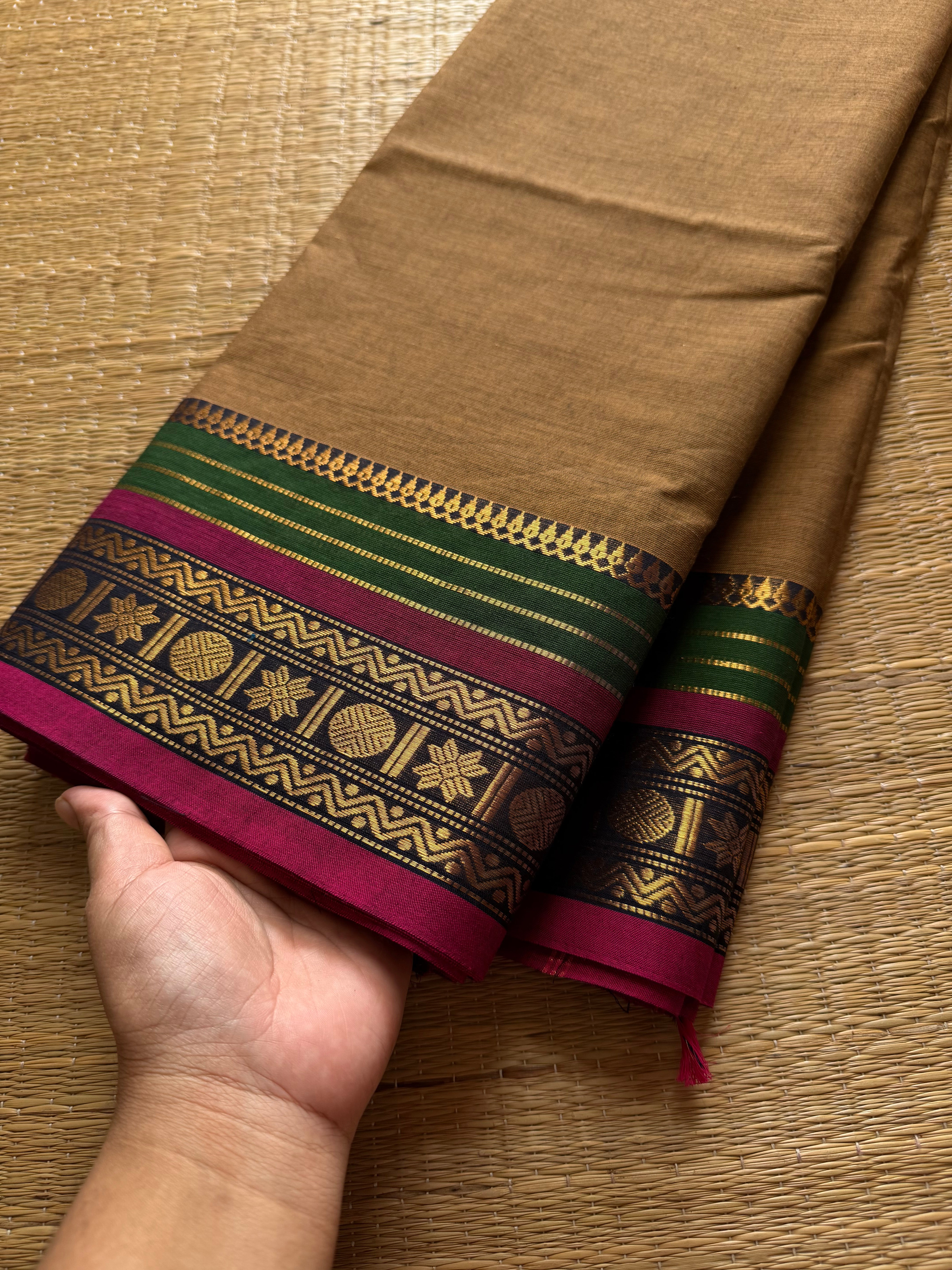 RF358 Dual tone earth Brown Shade Kanchi Cotton Saree with multi color contrast border