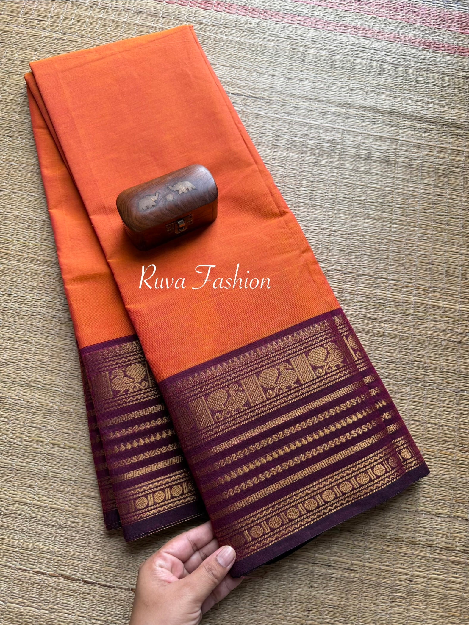 RF77 Dark orange Shade with contrast purple Varisaipet border Kanchi cotton saree