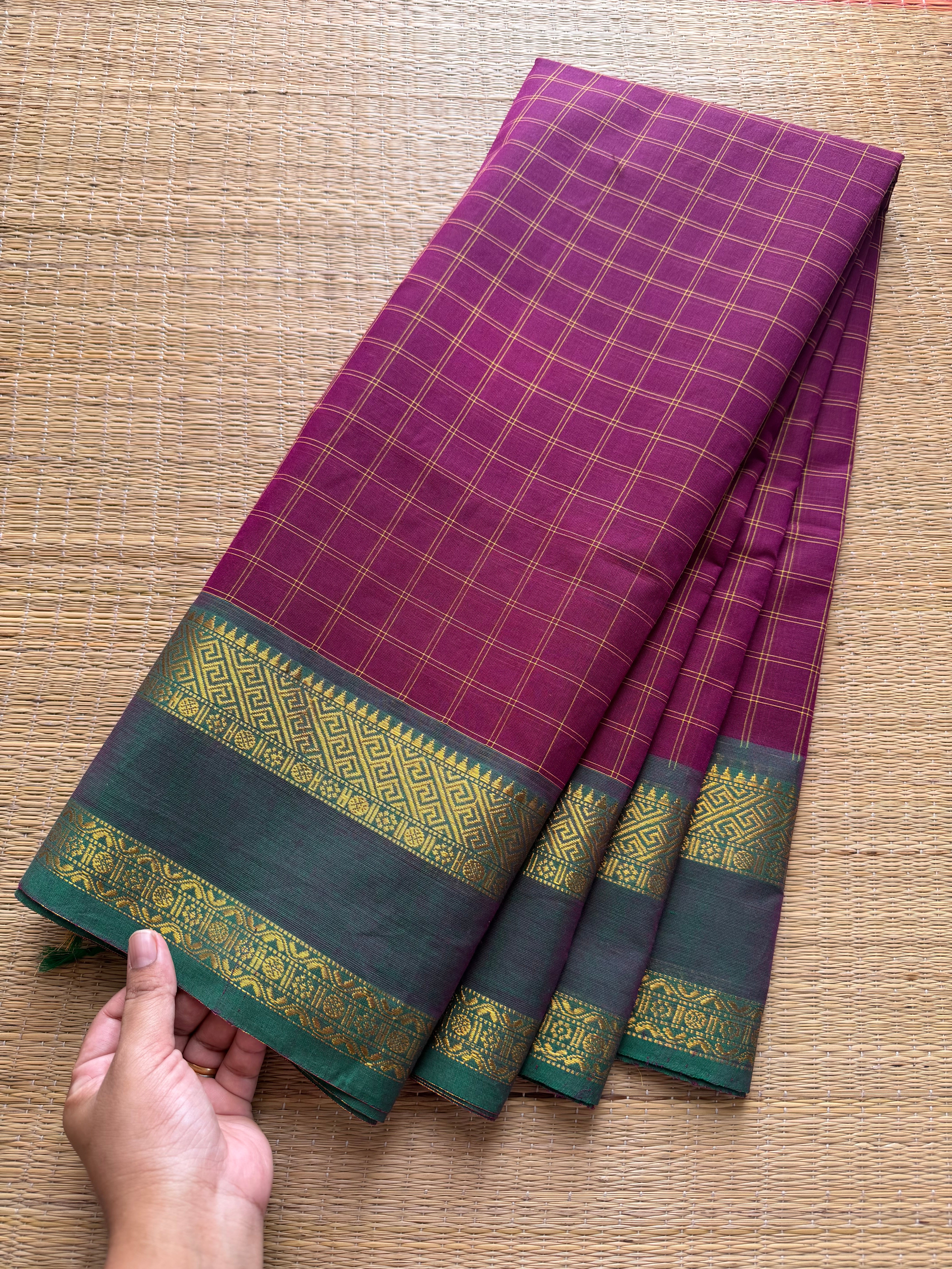 RF249 Magenta Pink shade with green combination Kanchi vintage Kattam / checks pattern saree with unique Rettapet border